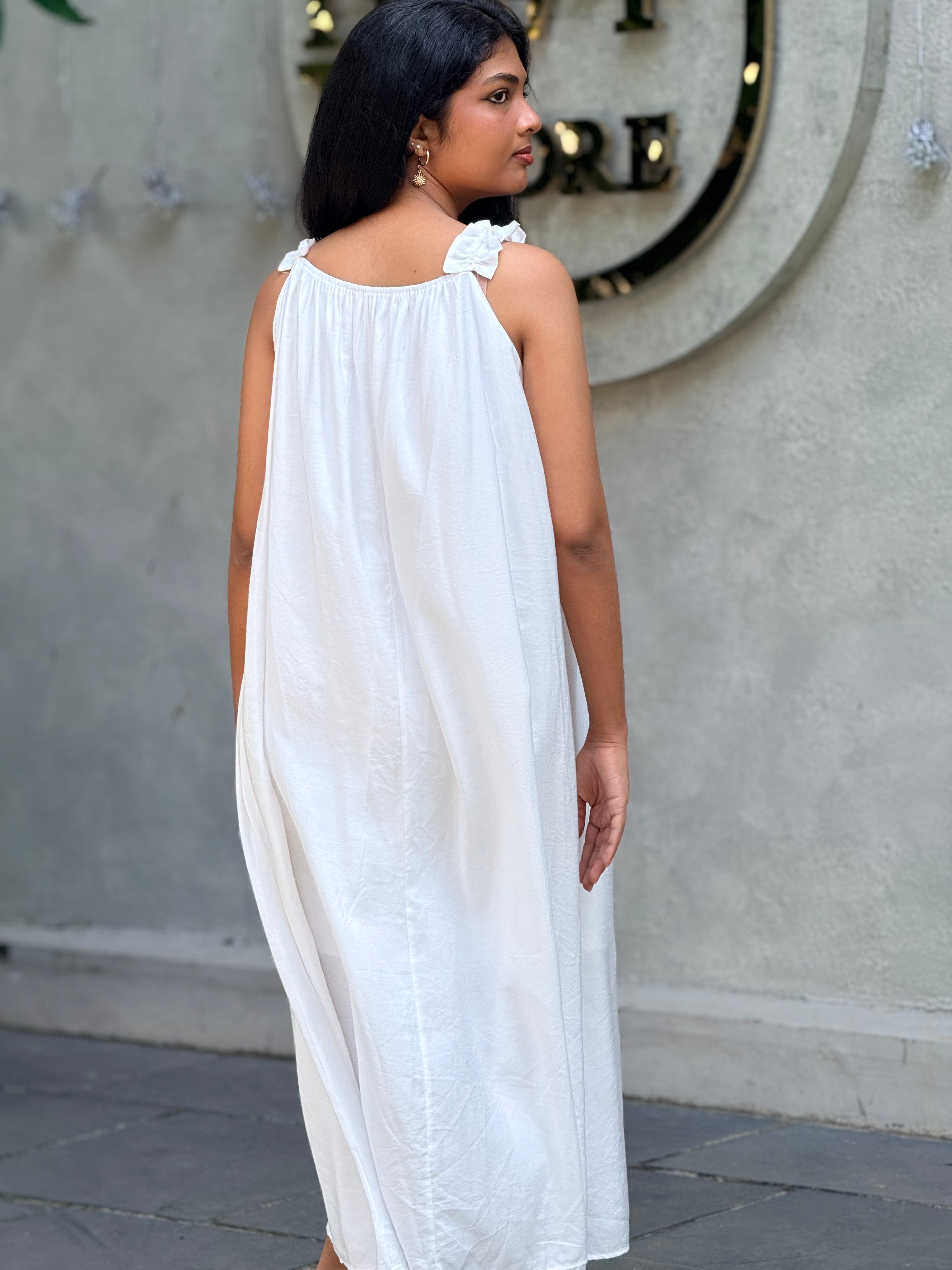 AURA Ruffled Tie-Up Maxi Dress - Crisp White