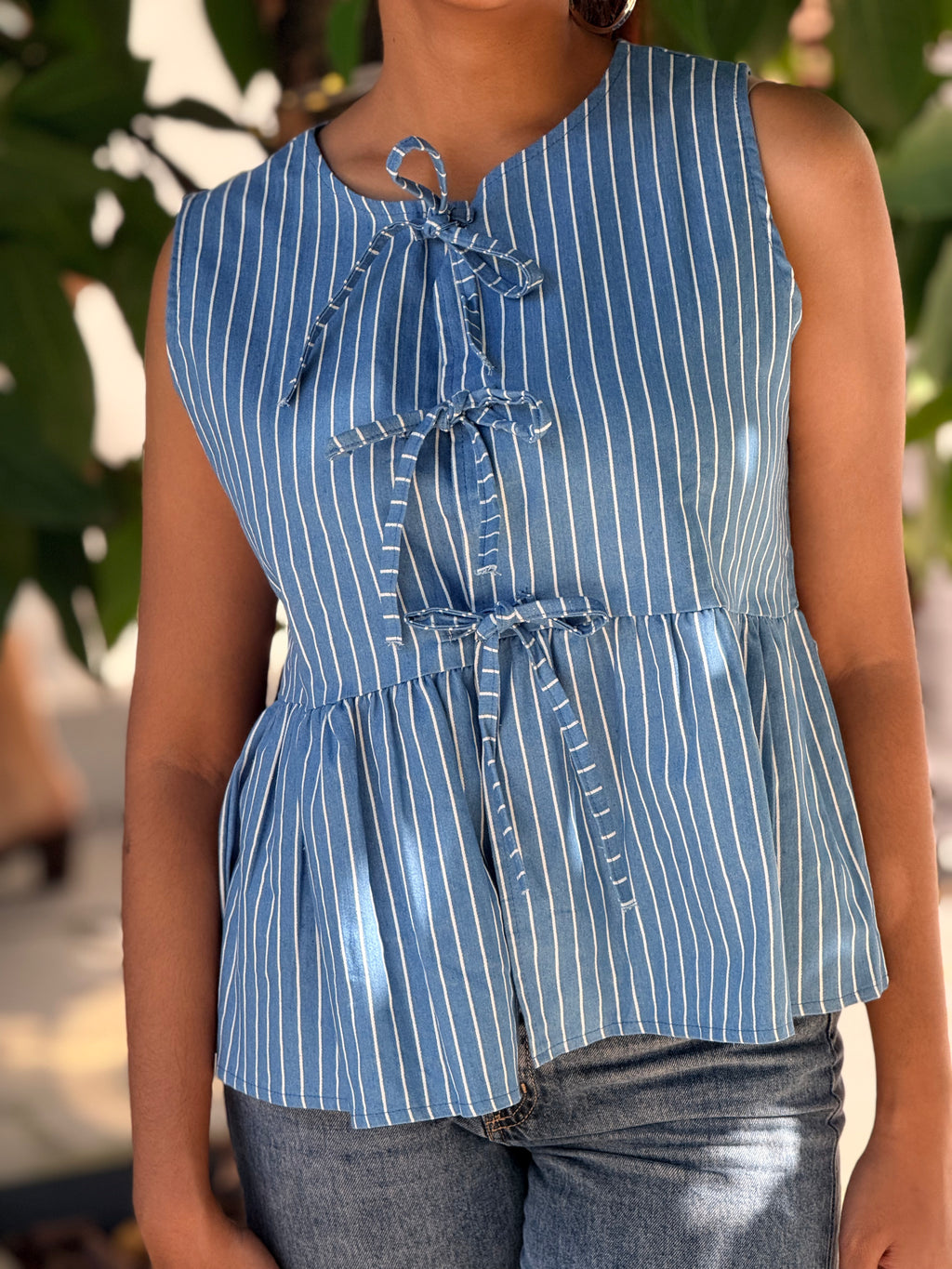 The Riviera Stripe Tie-Front Peplum Top