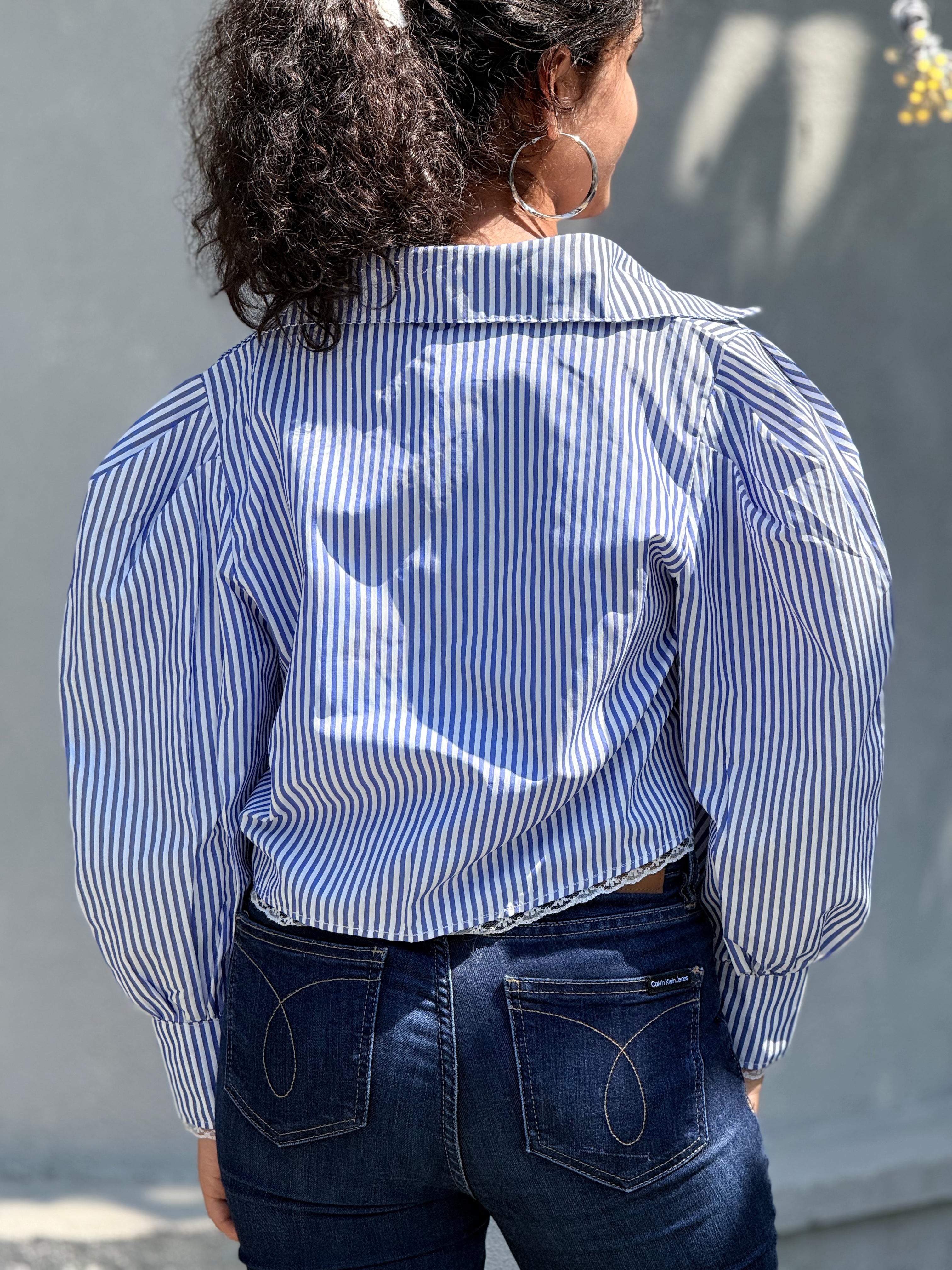 Blue & White Striped Cropped shirt with Lace Trim