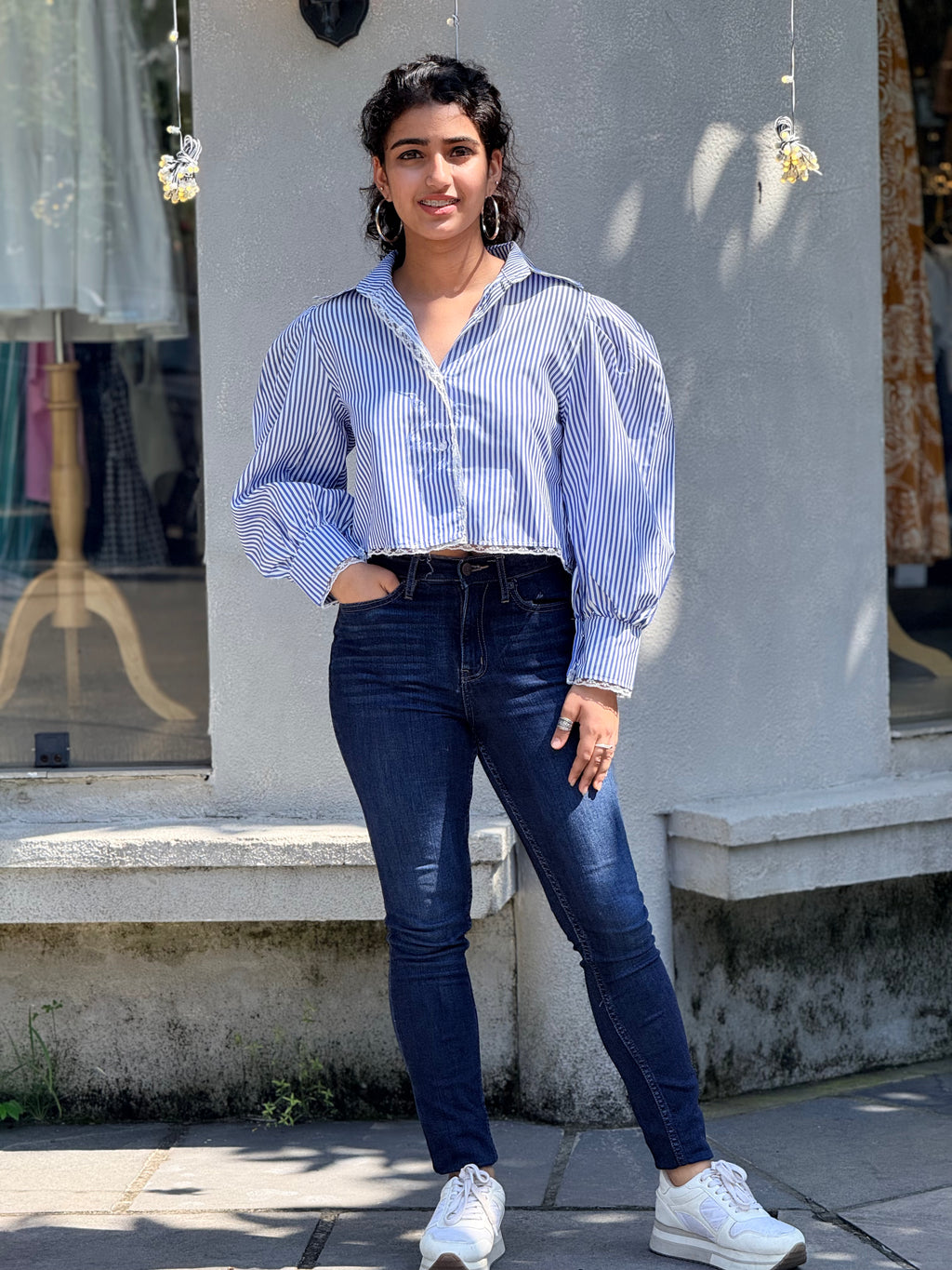 Blue & White Striped Cropped shirt with Lace Trim