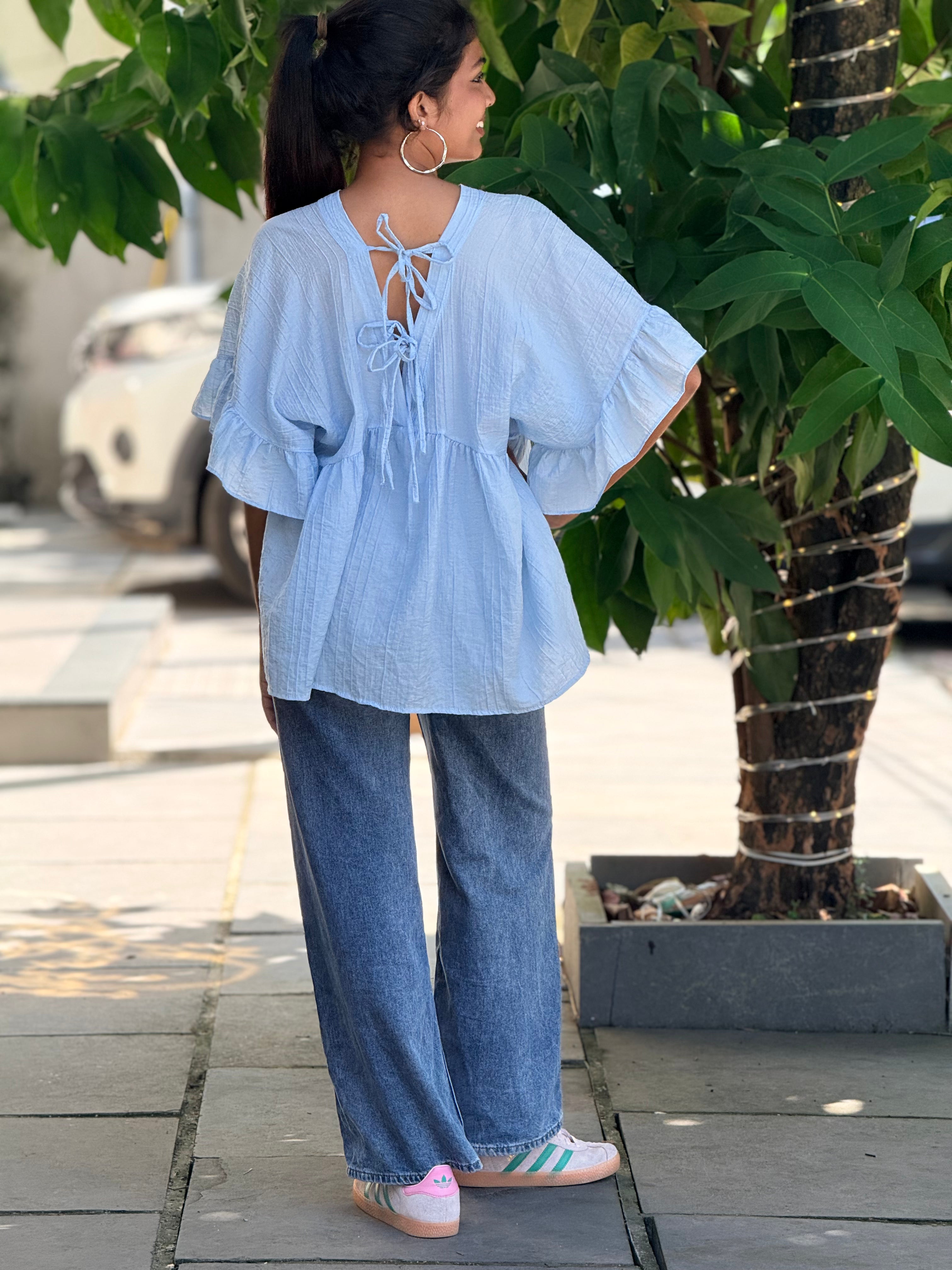 Sky Blue Textured Babydoll Top with Tie-Back