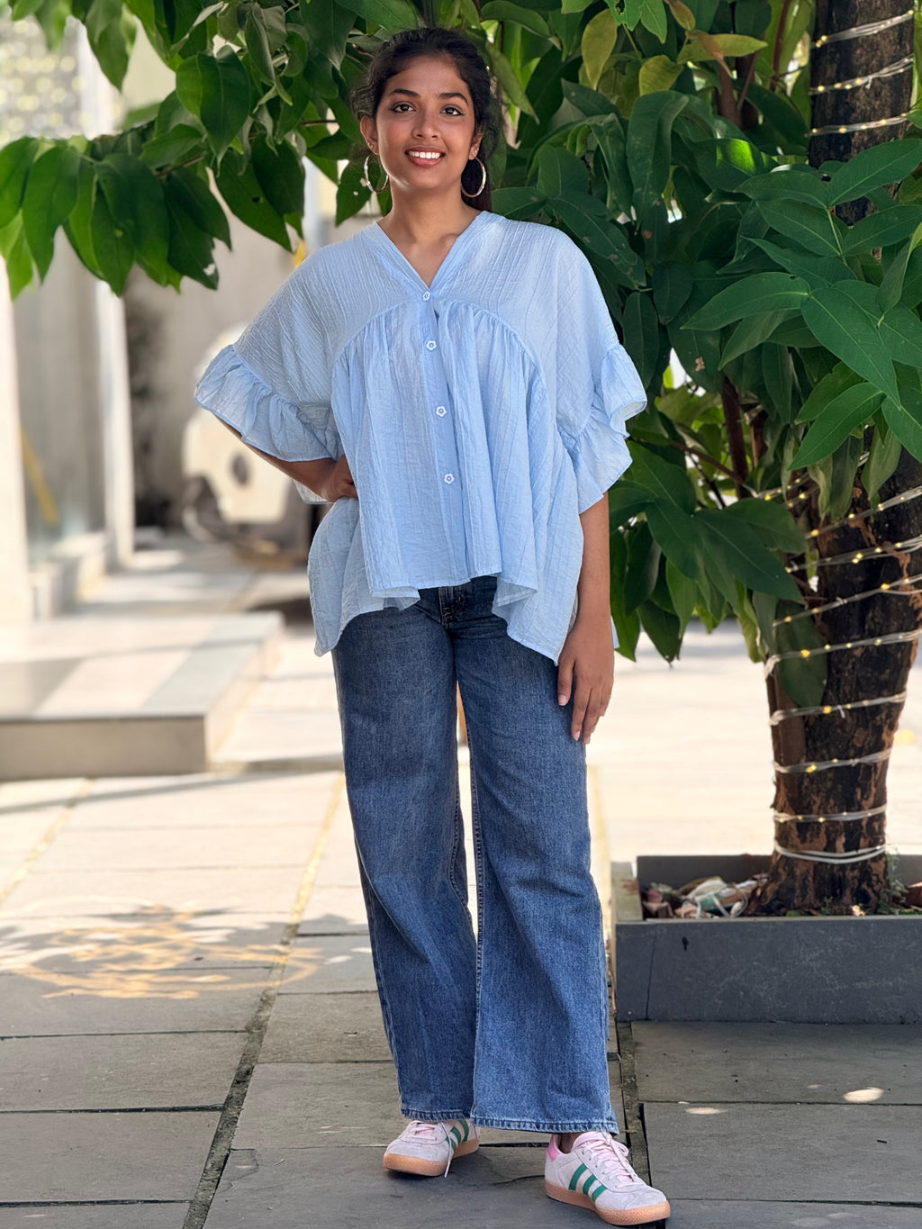 Sky Blue Textured Babydoll Top with Tie-Back