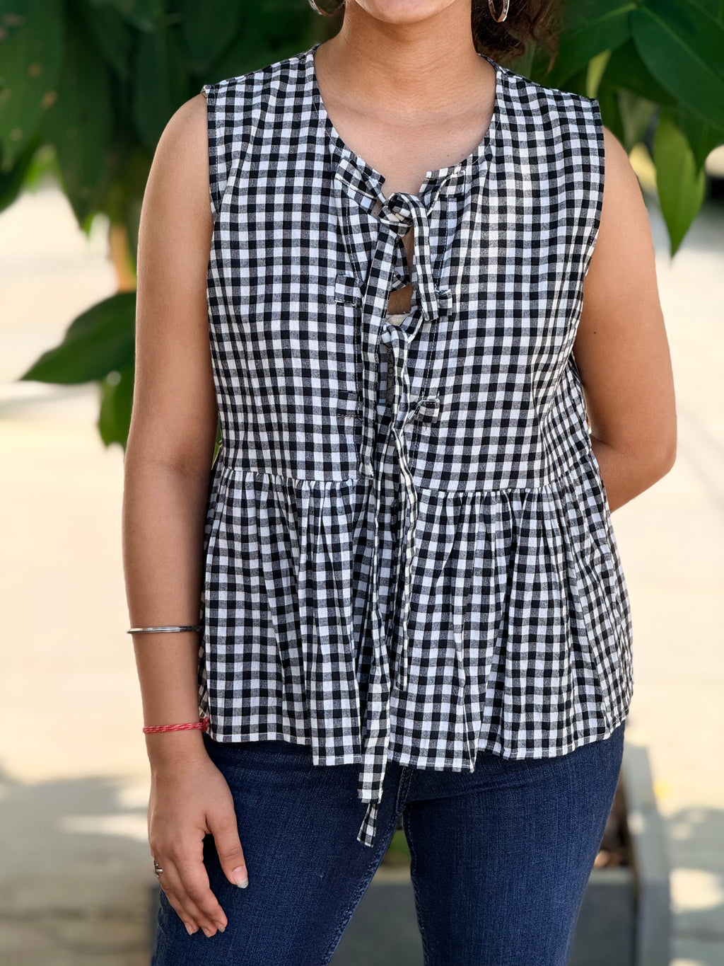 Gingham Tie-Neck Peplum Top