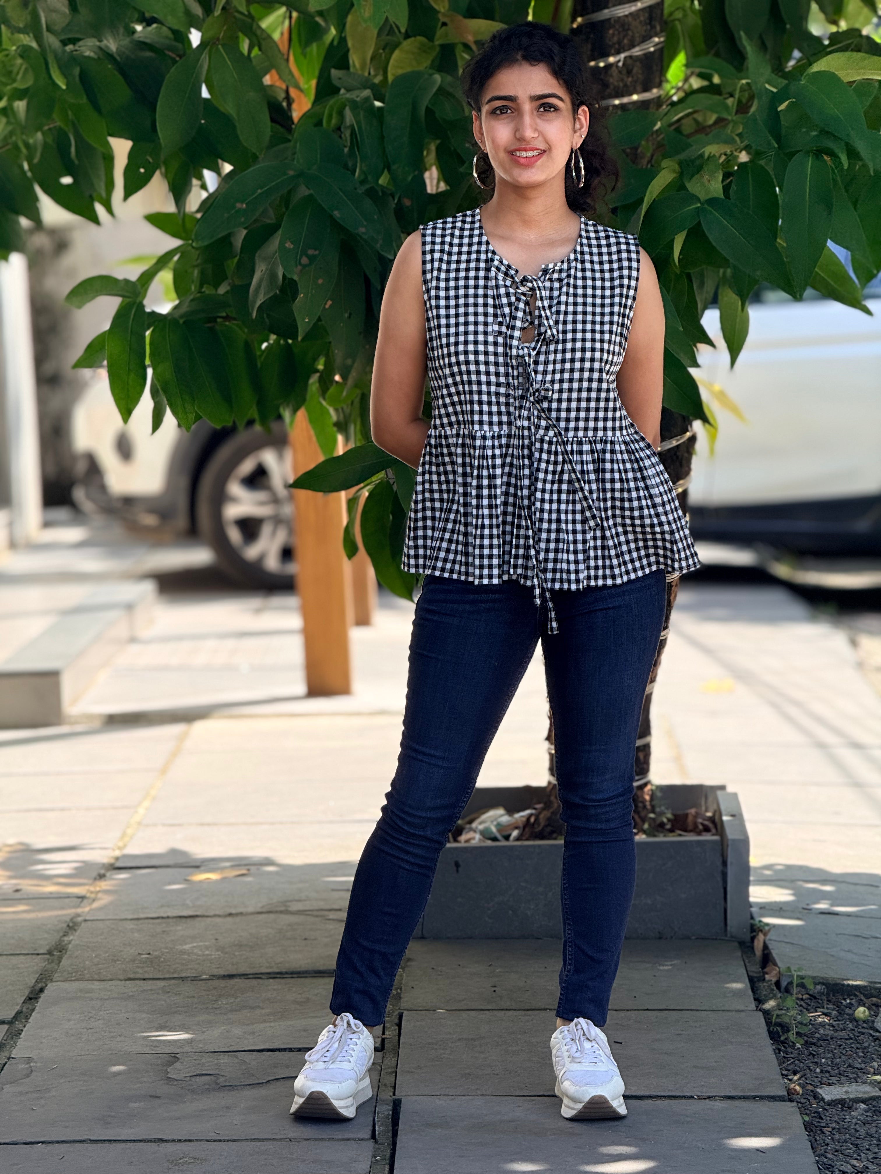 Gingham Tie-Neck Peplum Top