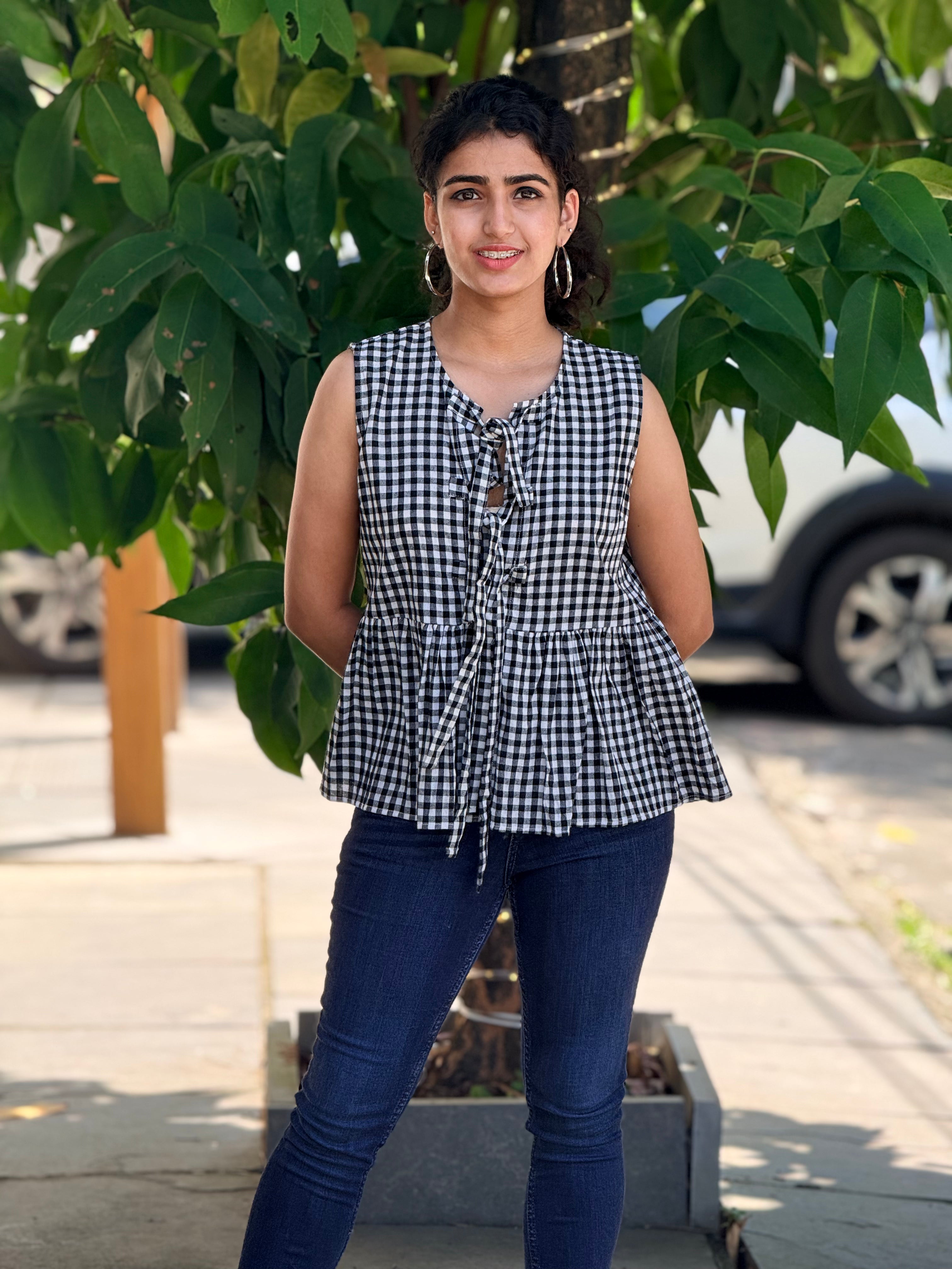 Gingham Tie-Neck Peplum Top