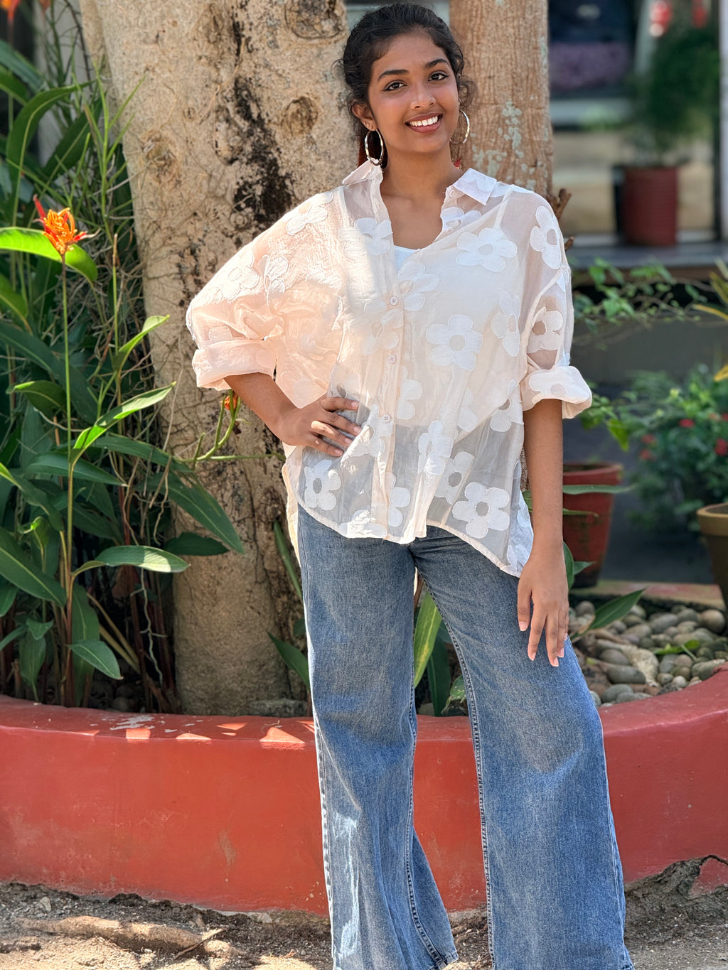 Sheer Floral Button-Down shirt