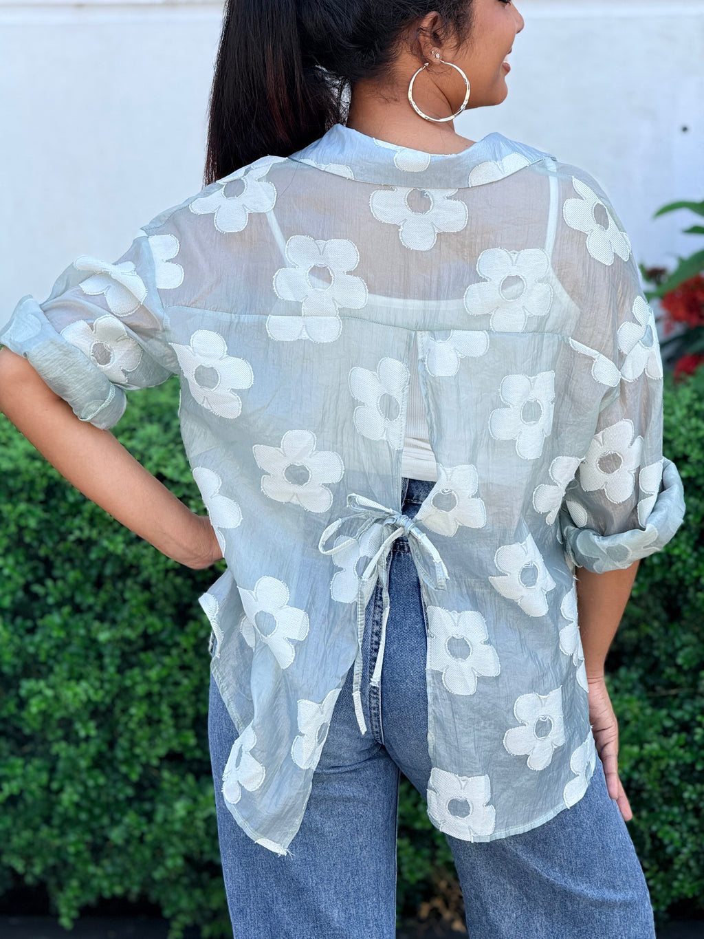 Mist Blue Floral Appliqué shirt