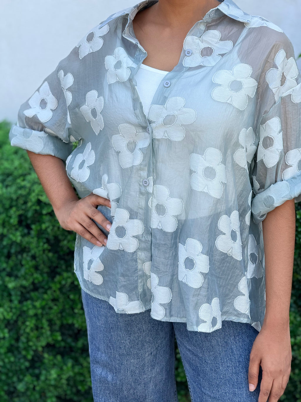 Mist Blue Floral Appliqué shirt