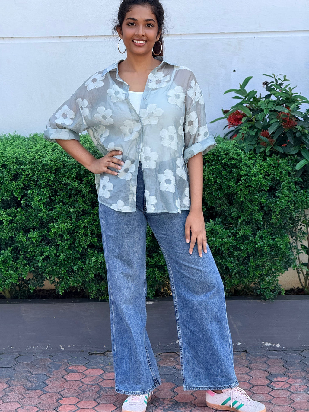 Mist Blue Floral Appliqué shirt