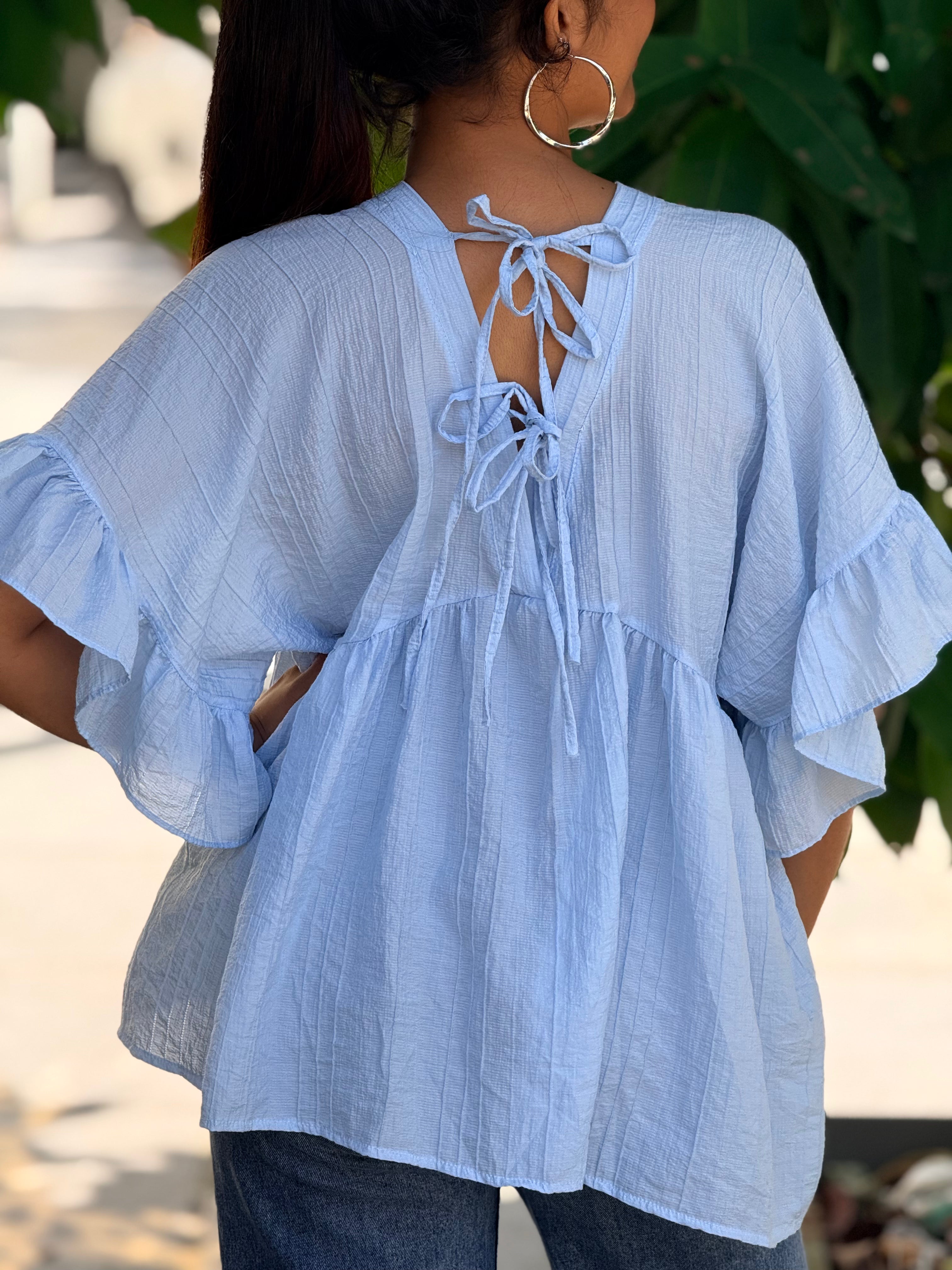 Sky Blue Textured Babydoll Top with Tie-Back
