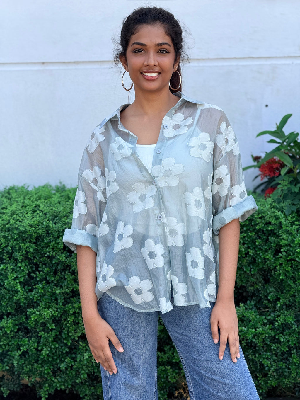 Mist Blue Floral Appliqué shirt