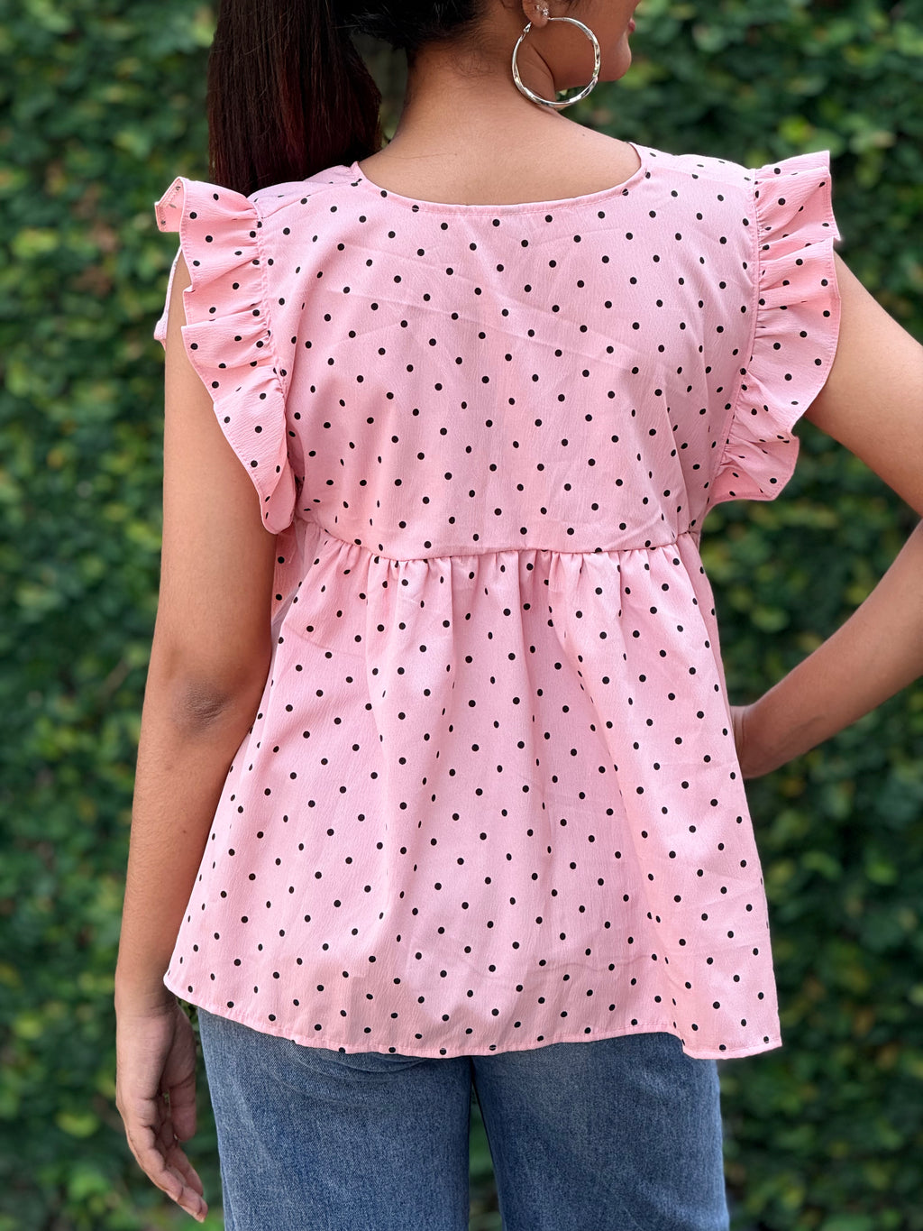 Pink Polka Dot Ruffle-Sleeve Babydoll
