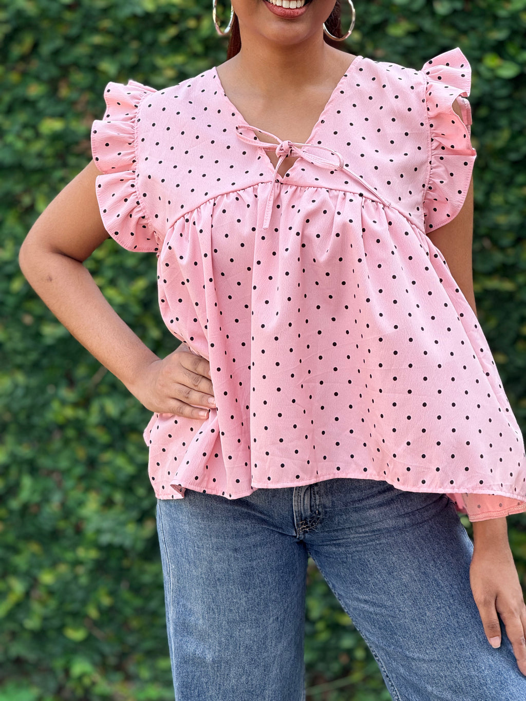Pink Polka Dot Ruffle-Sleeve Babydoll
