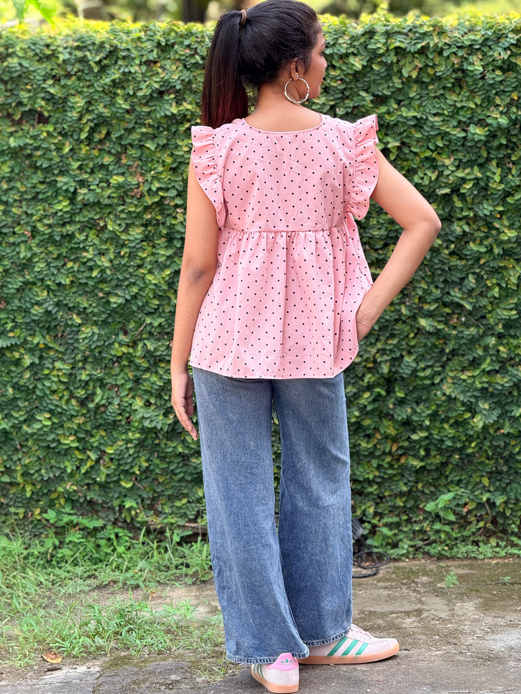 Pink Polka Dot Ruffle-Sleeve Babydoll