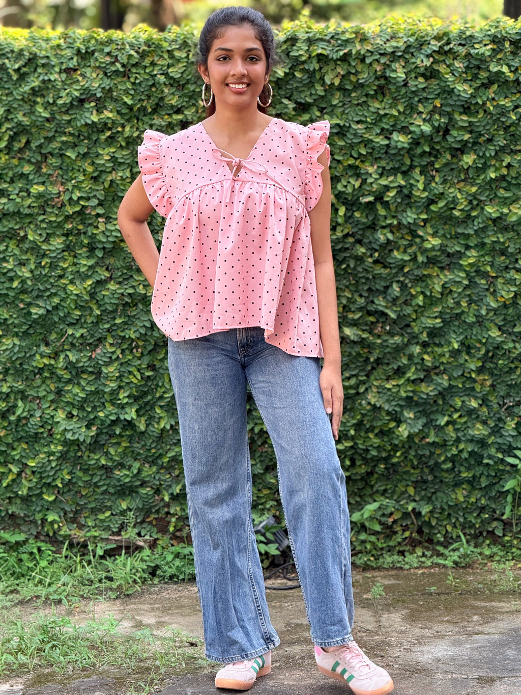 Pink Polka Dot Ruffle-Sleeve Babydoll