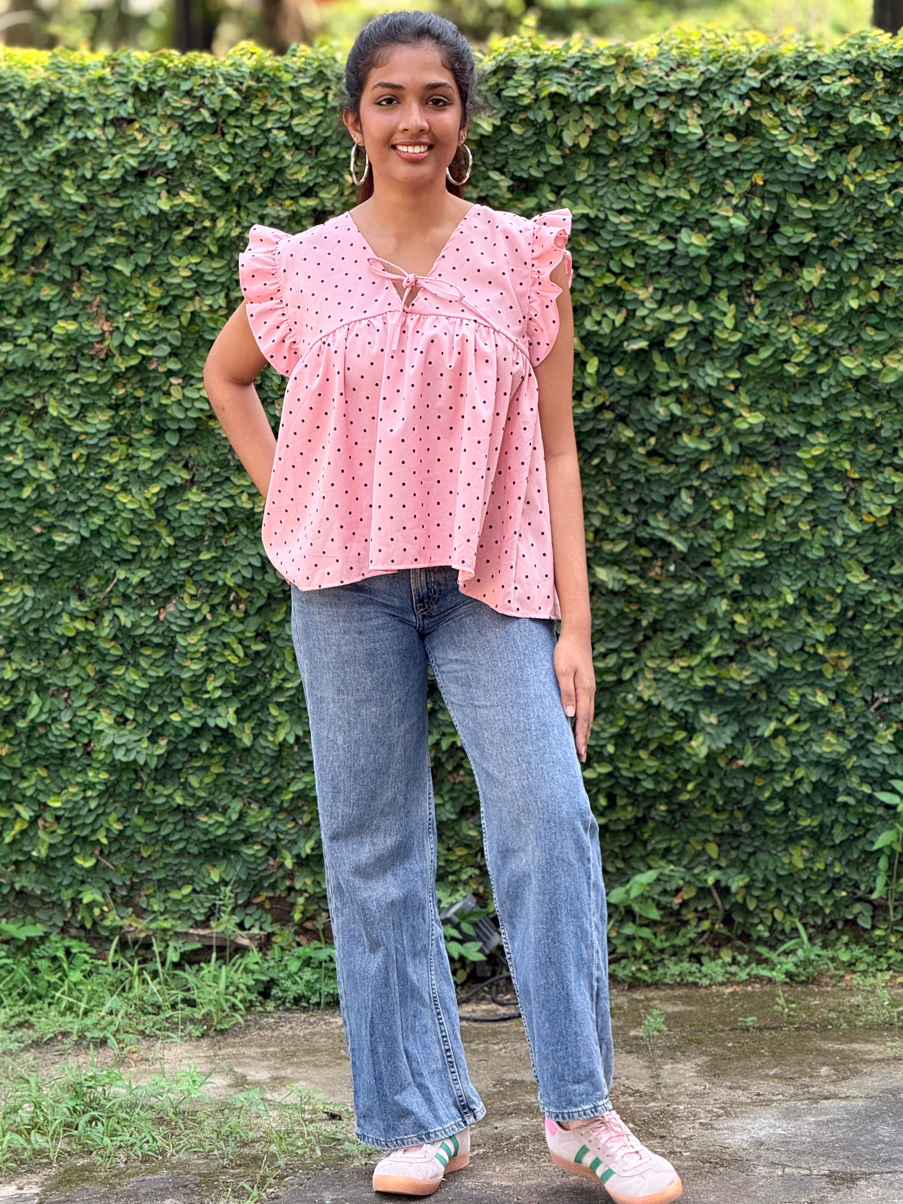 Pink Polka Dot Ruffle-Sleeve Babydoll