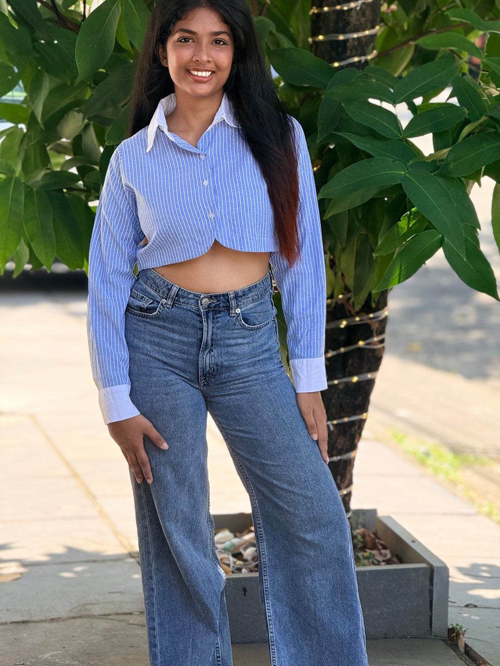 The Azure Pinstripe Cropped Button-Up Shirt