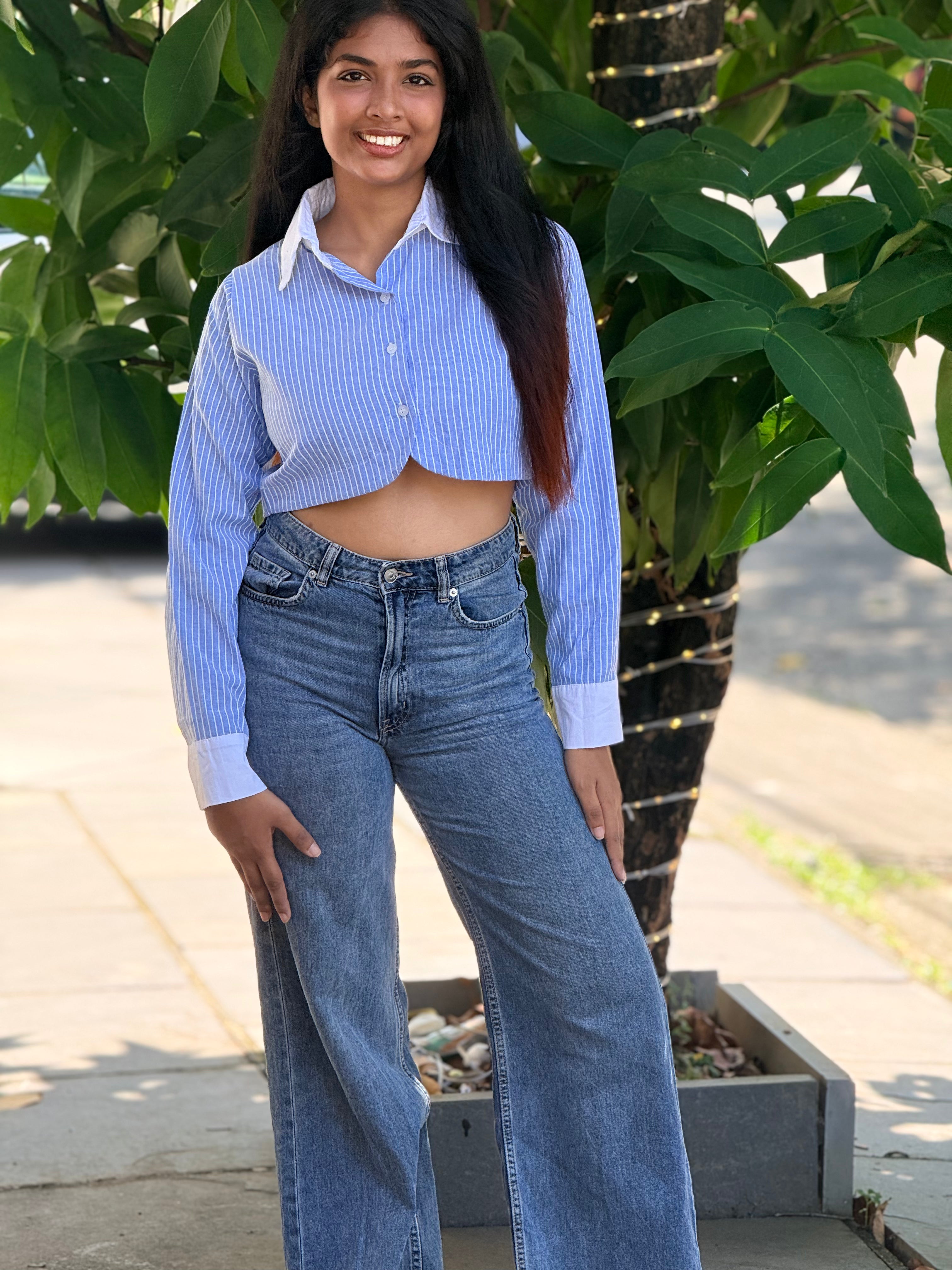 The Azure Pinstripe Cropped Button-Up Shirt