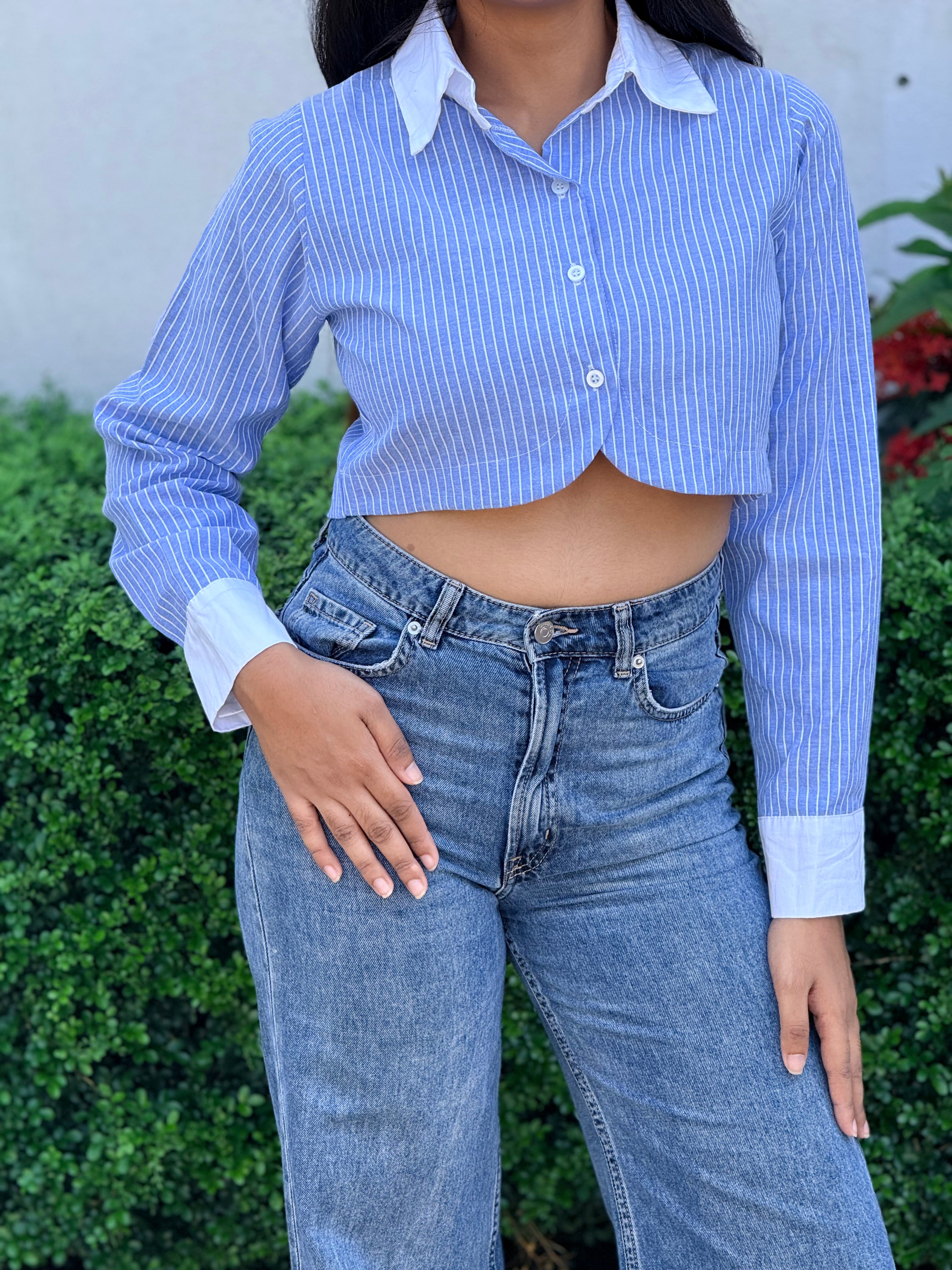 The Azure Pinstripe Cropped Button-Up Shirt