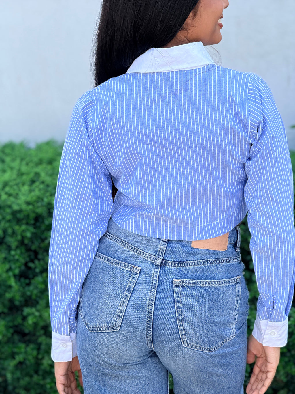 The Azure Pinstripe Cropped Button-Up Shirt