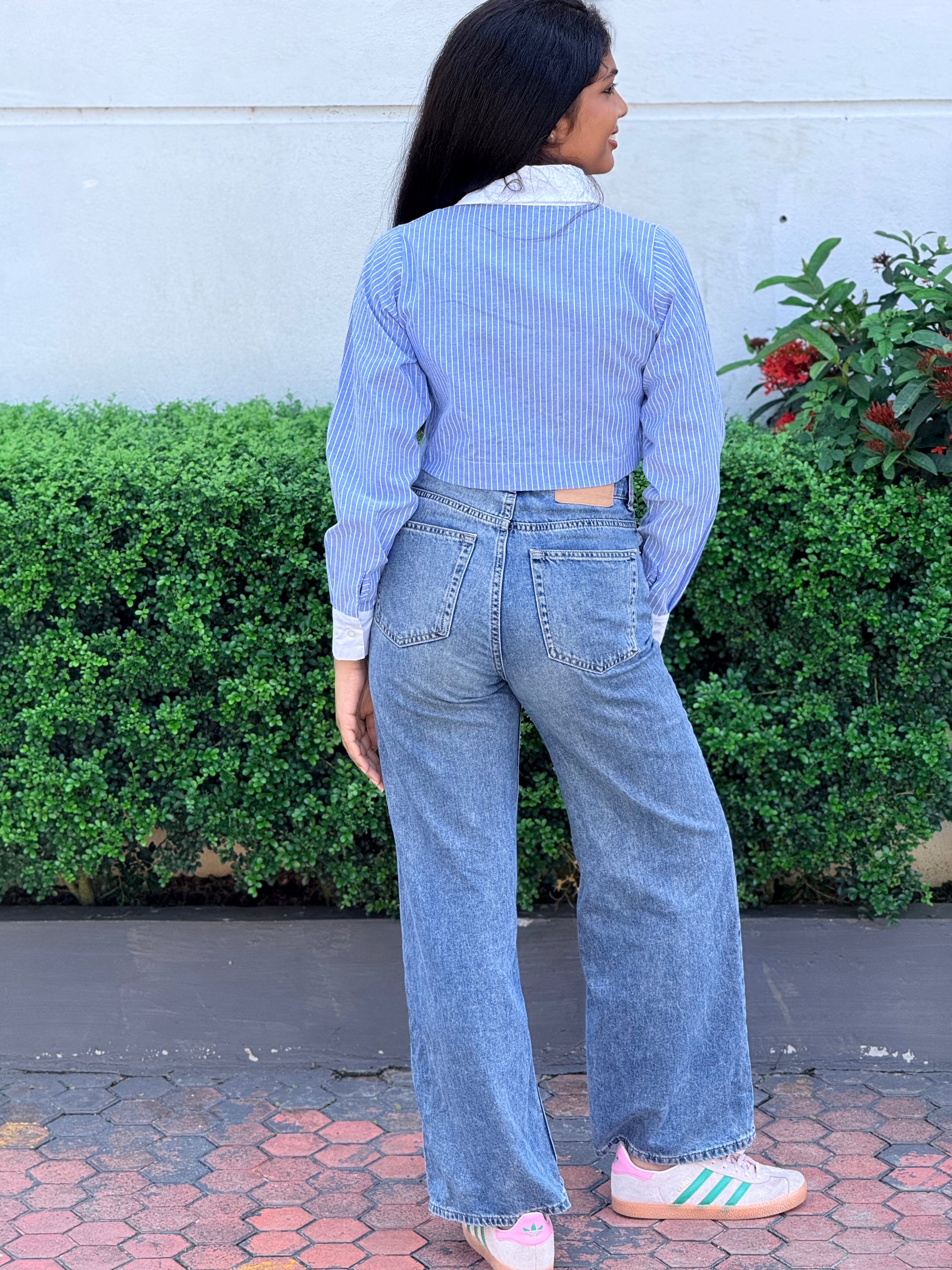 The Azure Pinstripe Cropped Button-Up Shirt