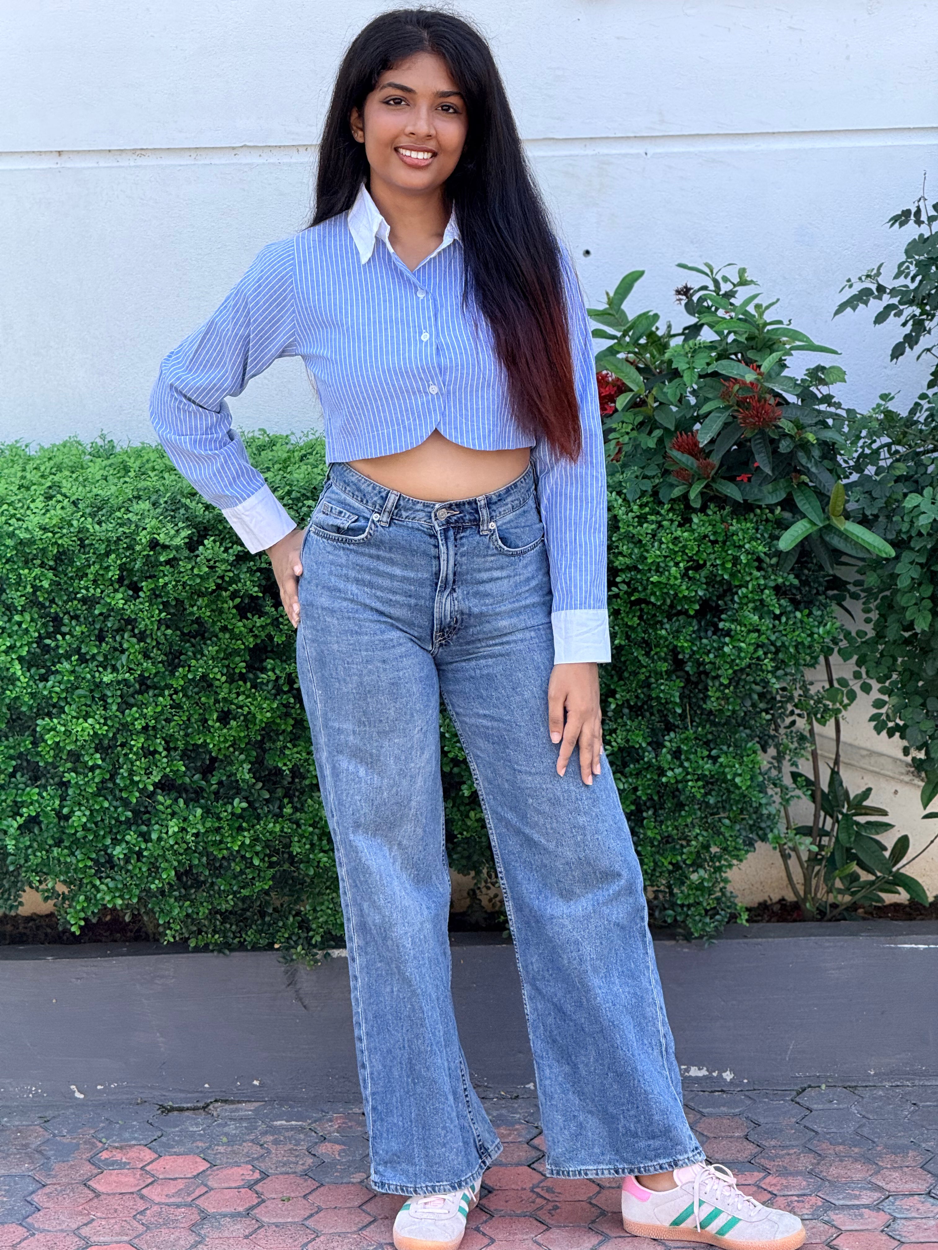 The Azure Pinstripe Cropped Button-Up Shirt