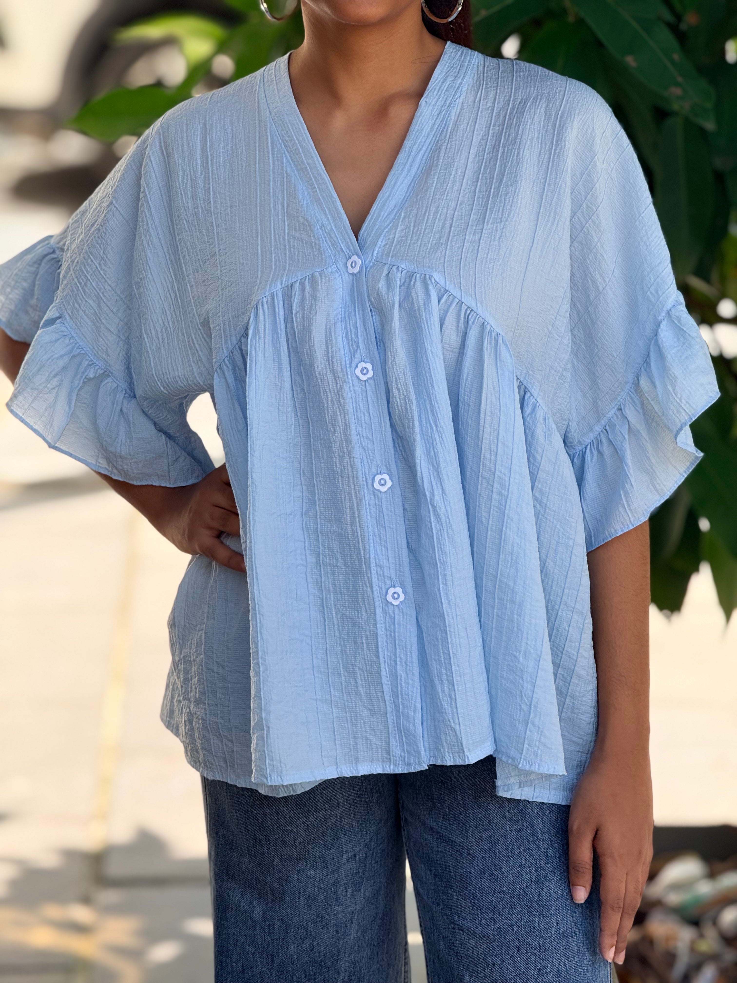Sky Blue Textured Babydoll Top with Tie-Back