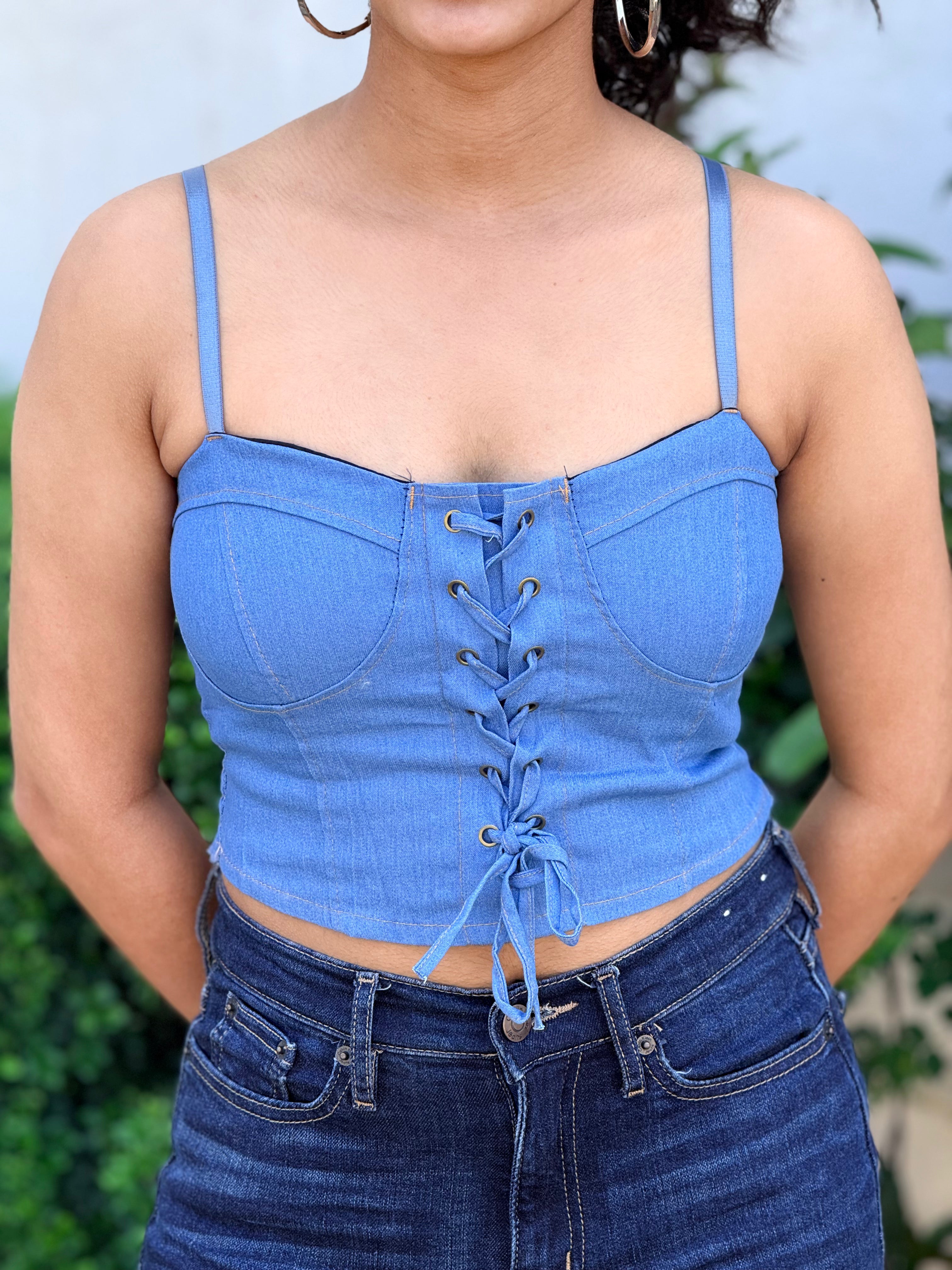 Lace-Up Denim Corset Tank Top
