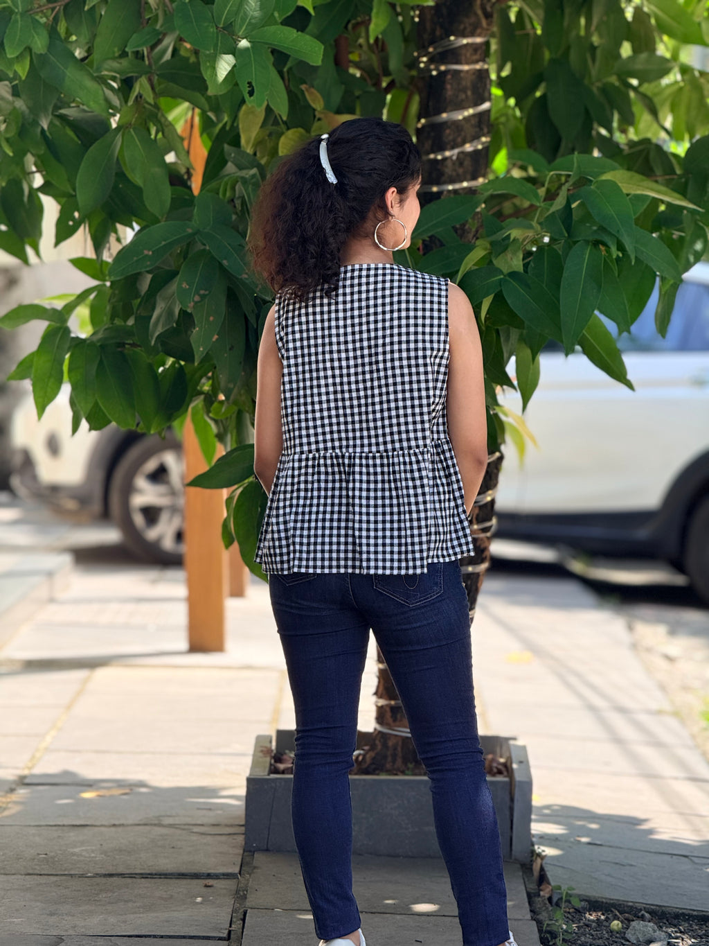 Gingham Tie-Neck Peplum Top