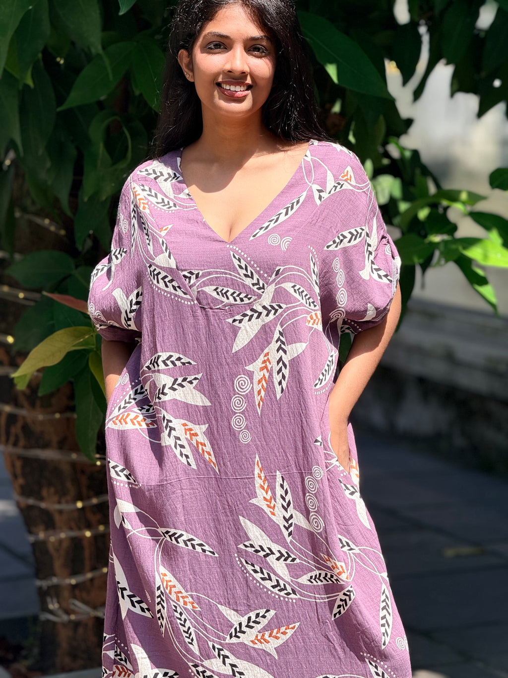 Bohemian Botanical Print Mauve Midi Dress