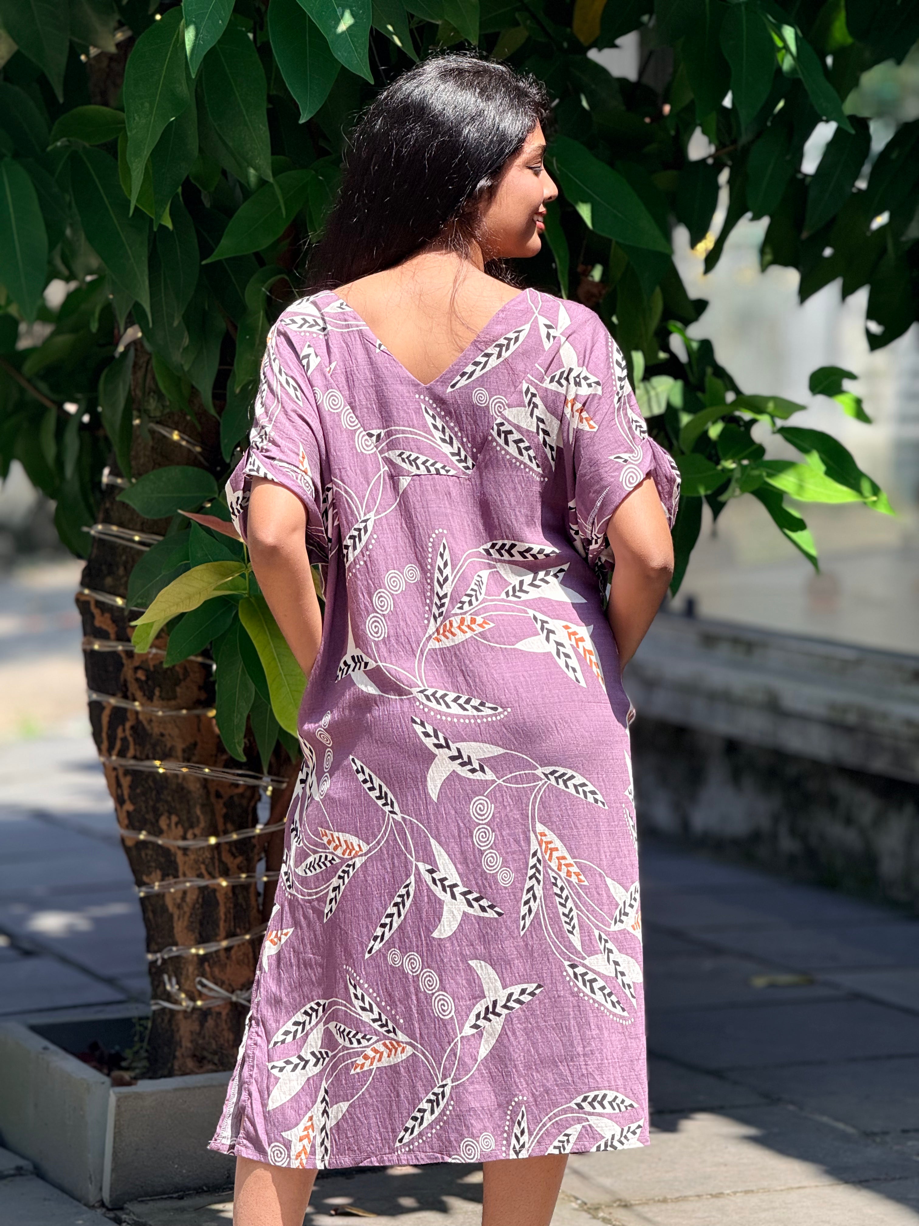 Bohemian Botanical Print Mauve Midi Dress