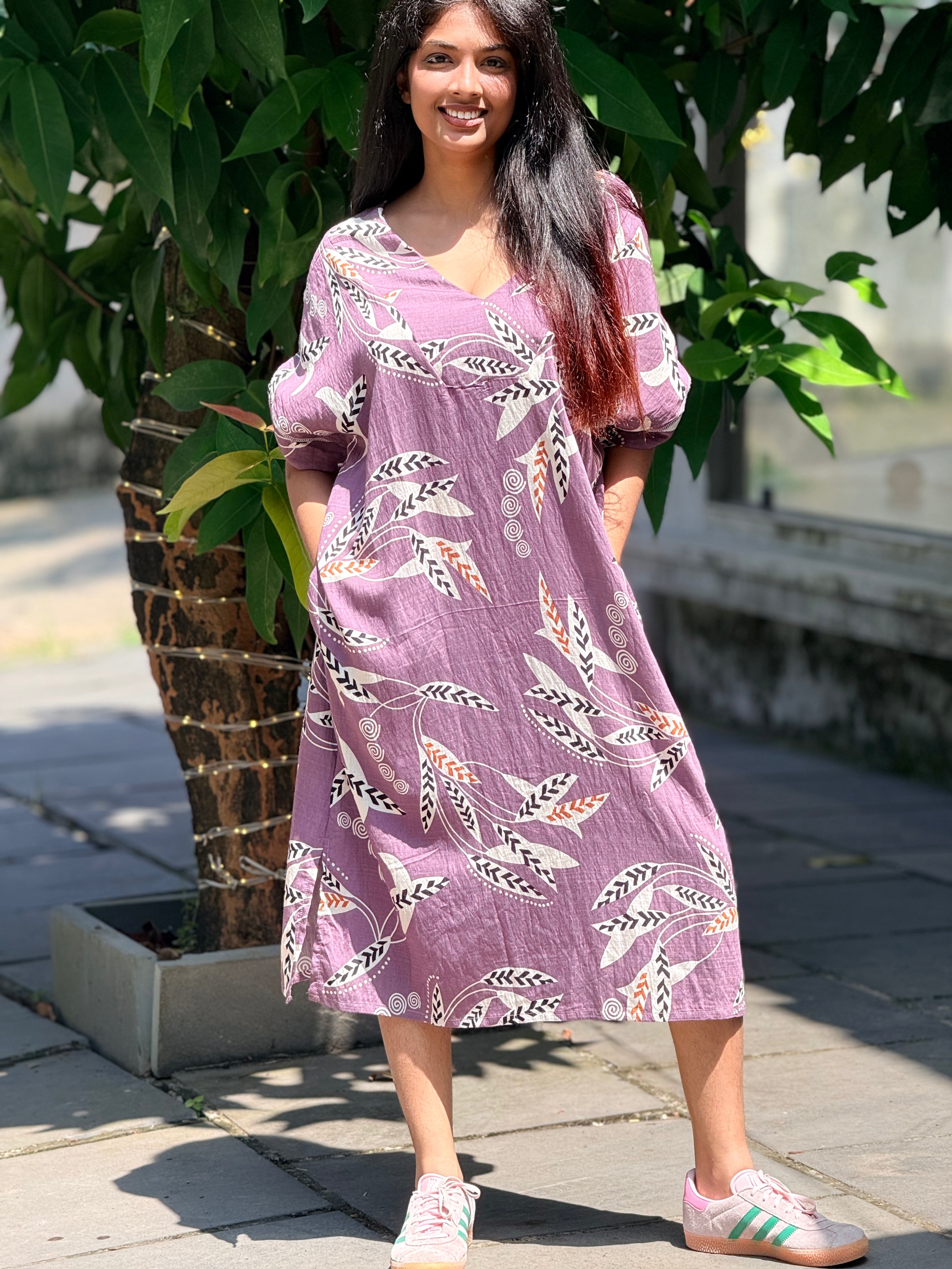 Bohemian Botanical Print Mauve Midi Dress
