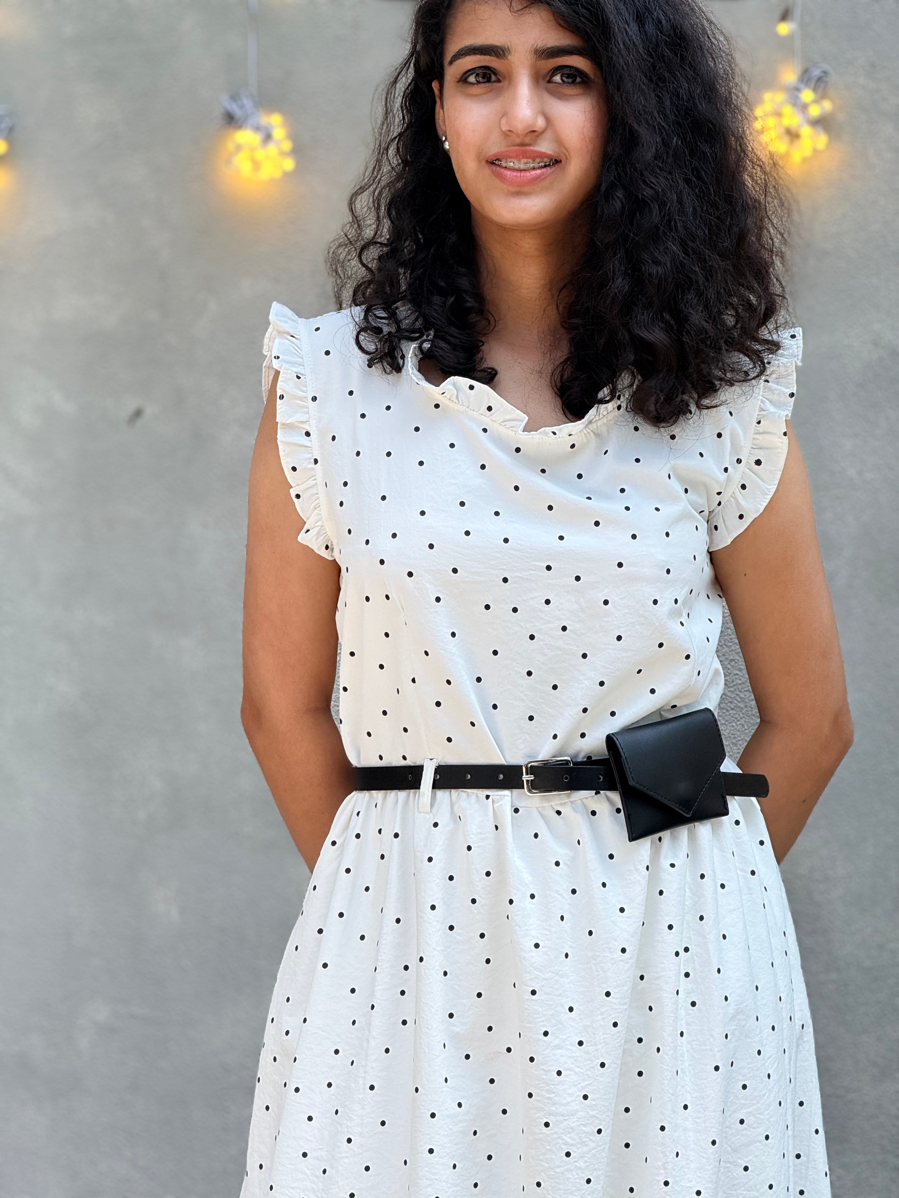 White Polka Dot Sleeveless Maxi Dress with Belt