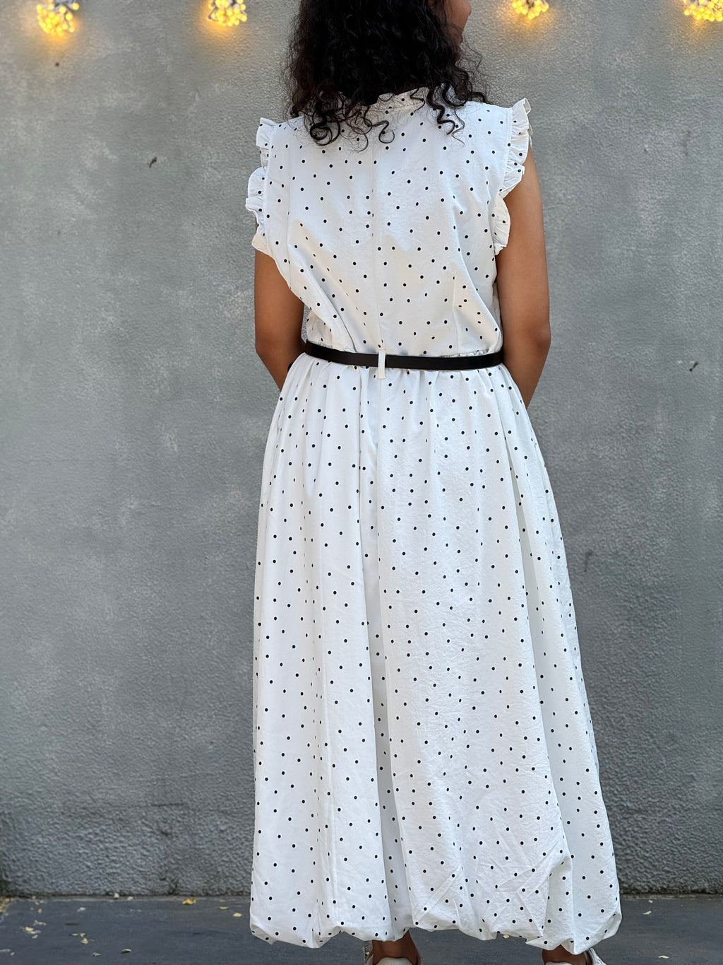 White Polka Dot Sleeveless Maxi Dress with Belt