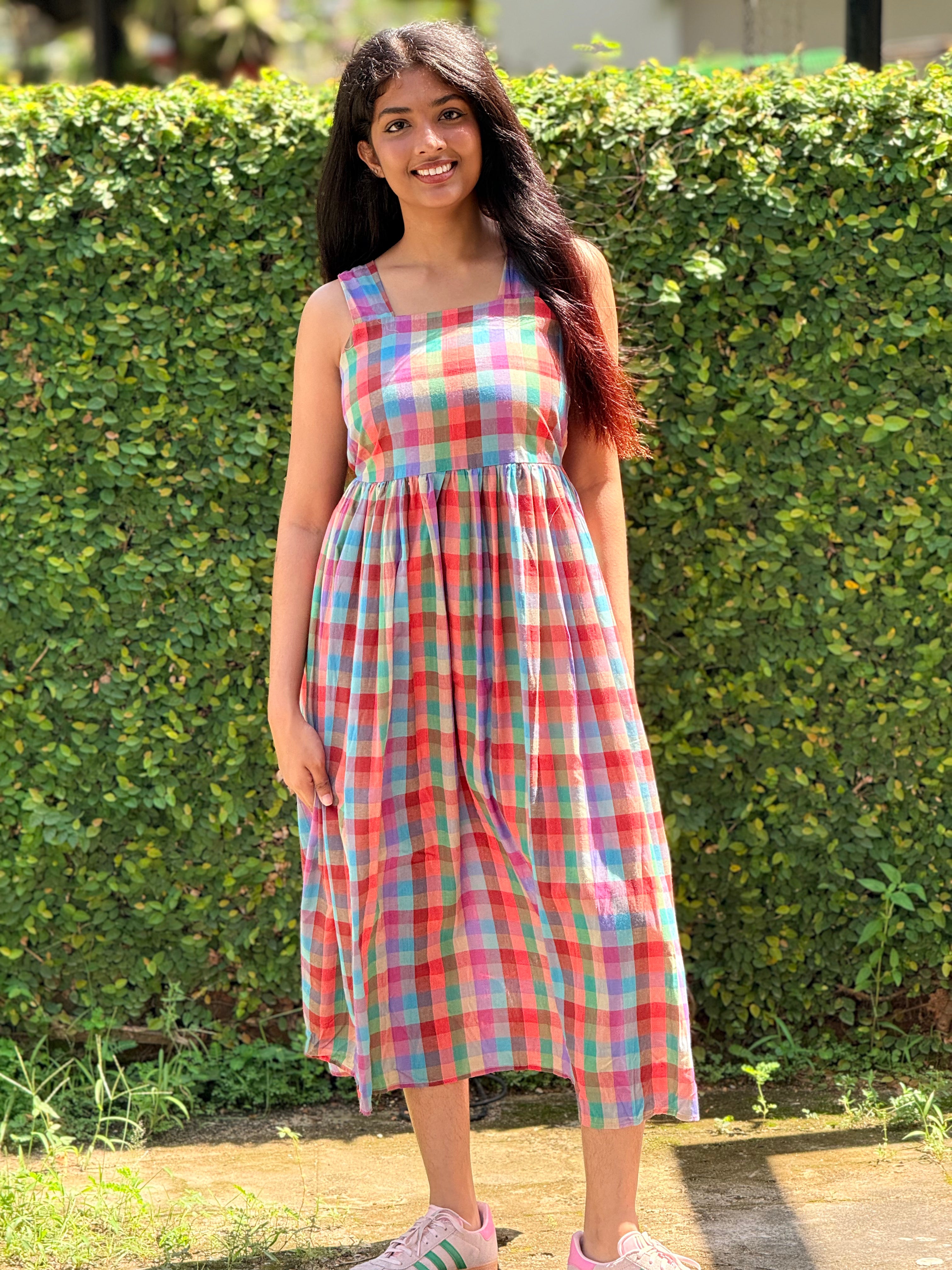 Vibrant Checkered Square-Neck Smock Dress