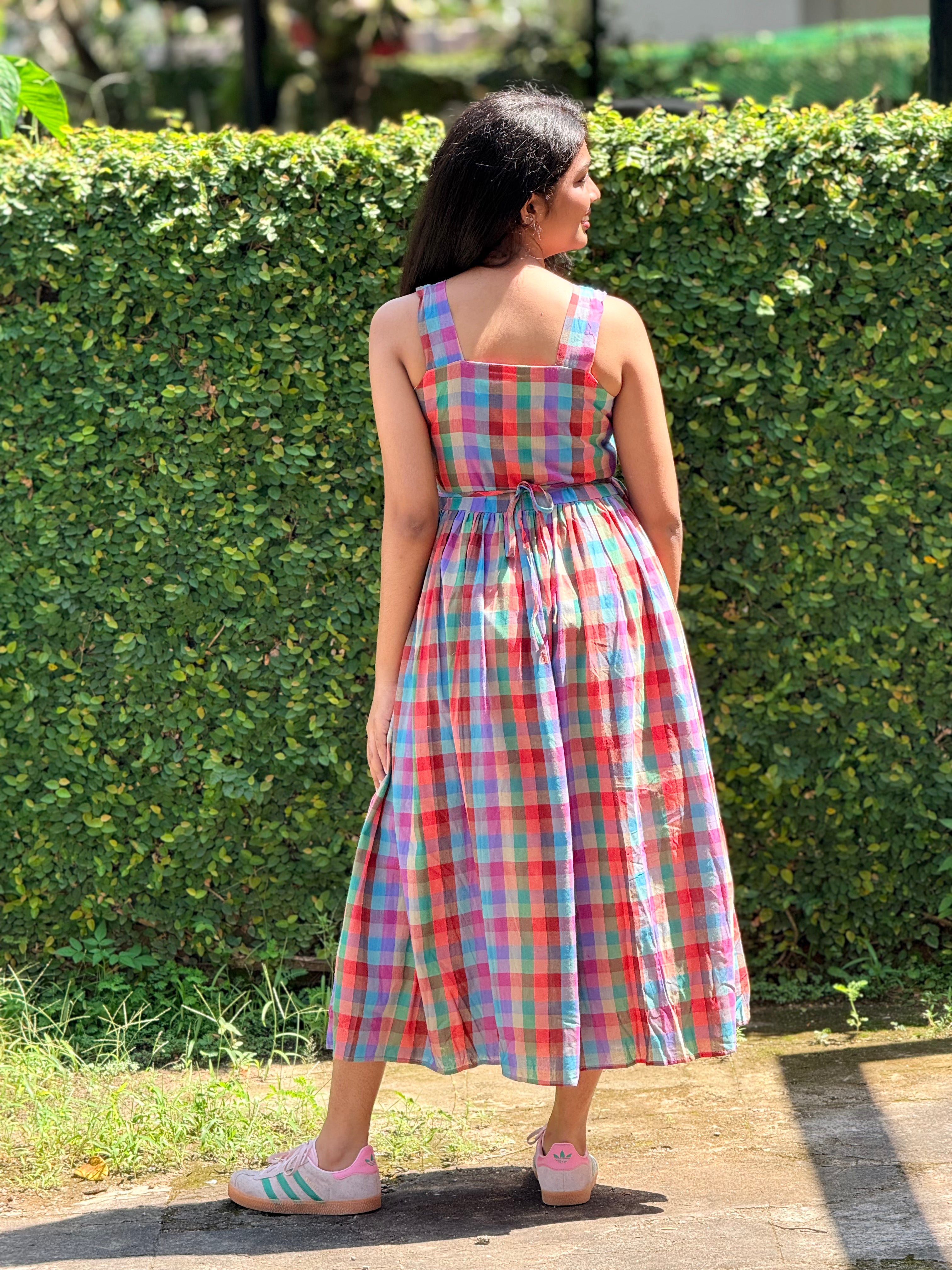 Vibrant Checkered Square-Neck Smock Dress