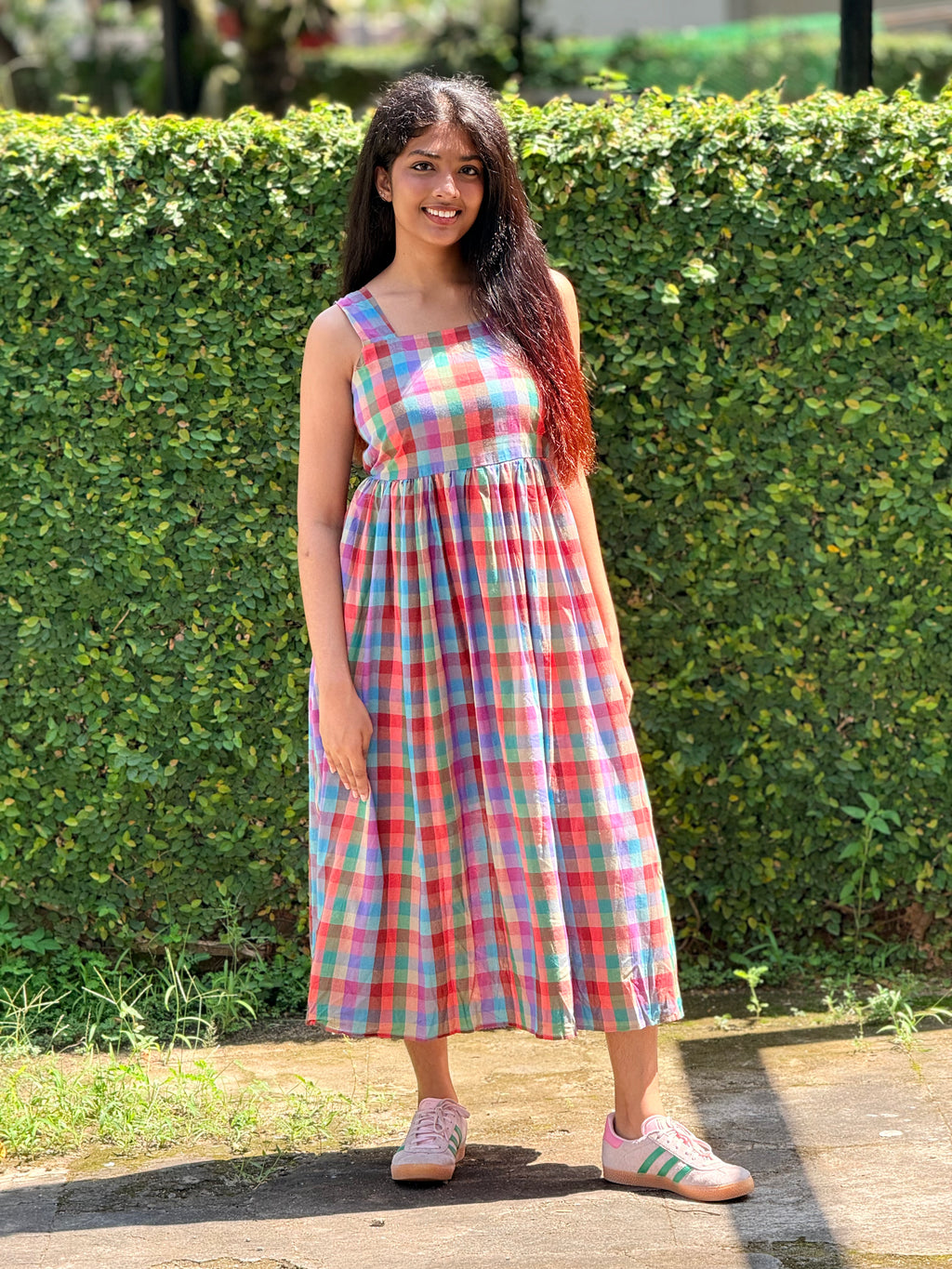 Vibrant Checkered Square-Neck Smock Dress