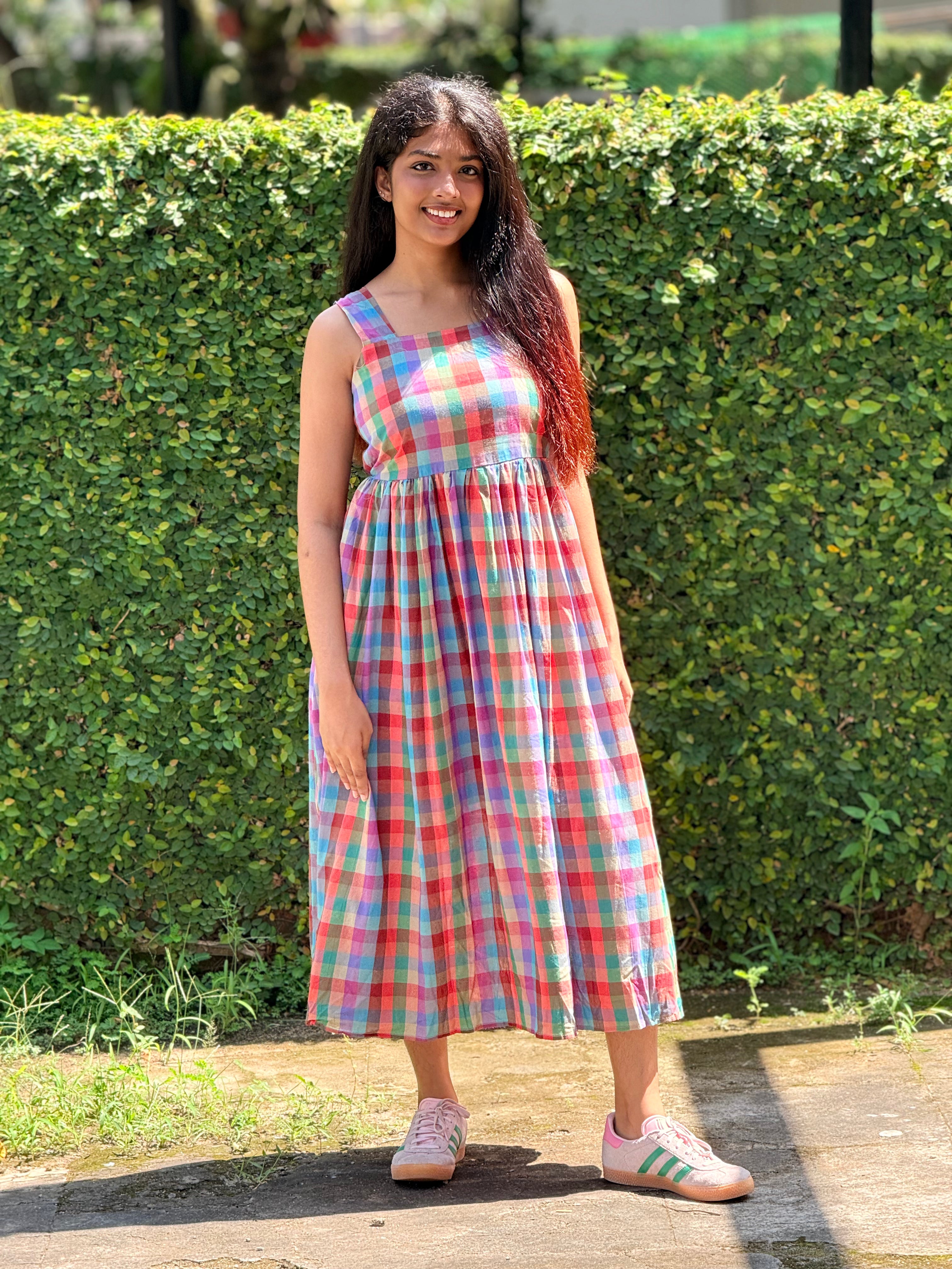 Vibrant Checkered Square-Neck Smock Dress