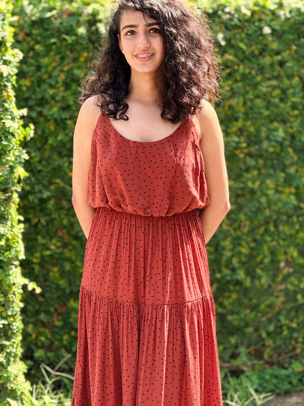 Rust Polka Dot Flaired Maxi Dress