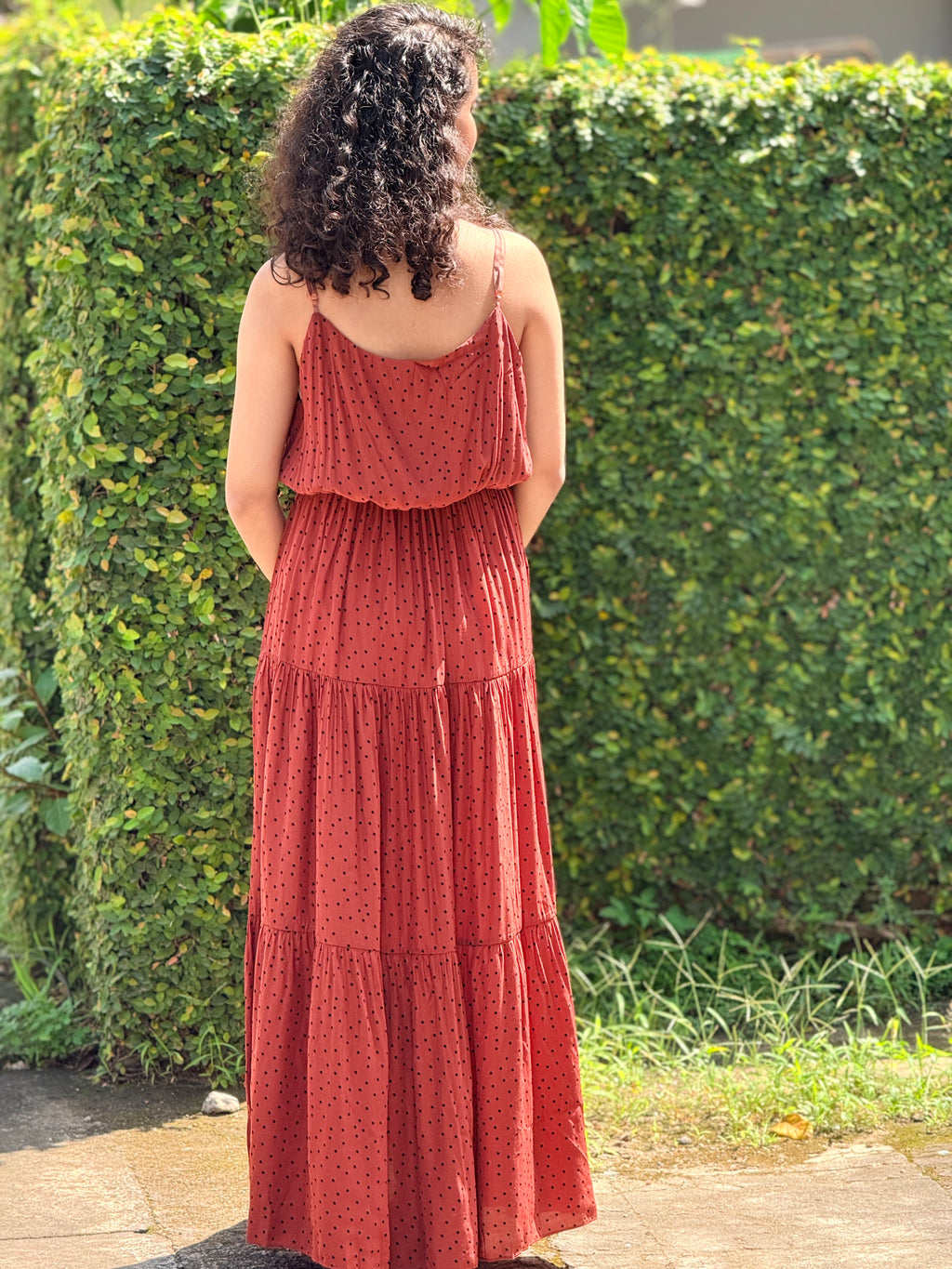 Rust Polka Dot Flaired Maxi Dress