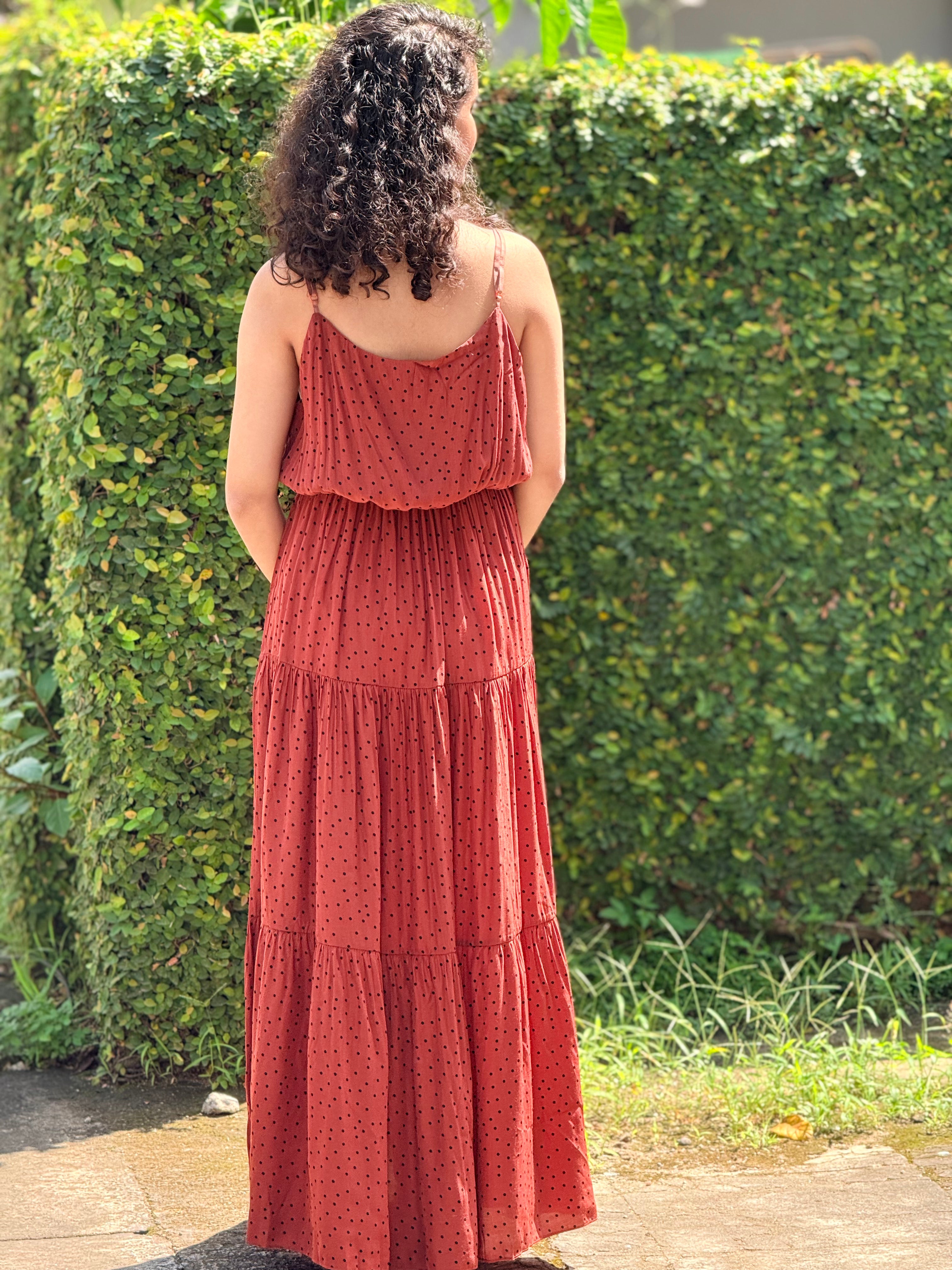 Rust Polka Dot Flaired Maxi Dress