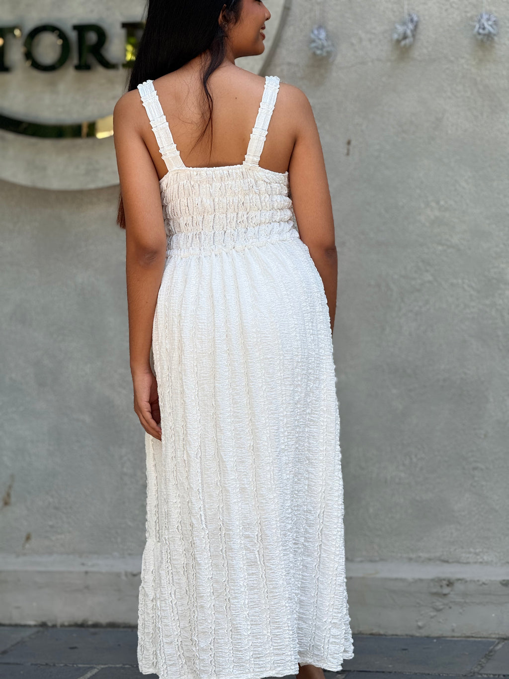 Ivory Textured Shirred Bodice Maxi Dress