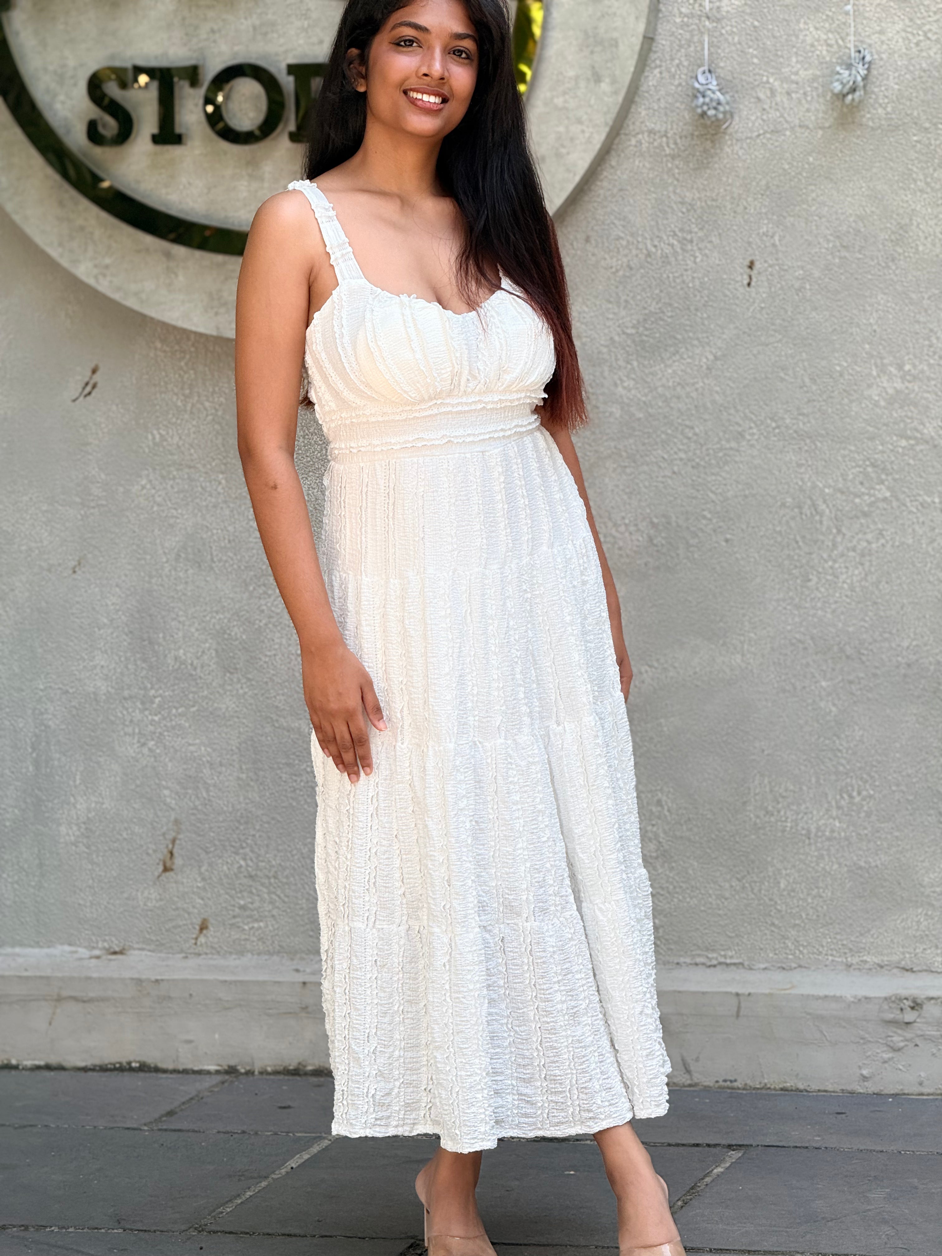Ivory Textured Shirred Bodice Maxi Dress