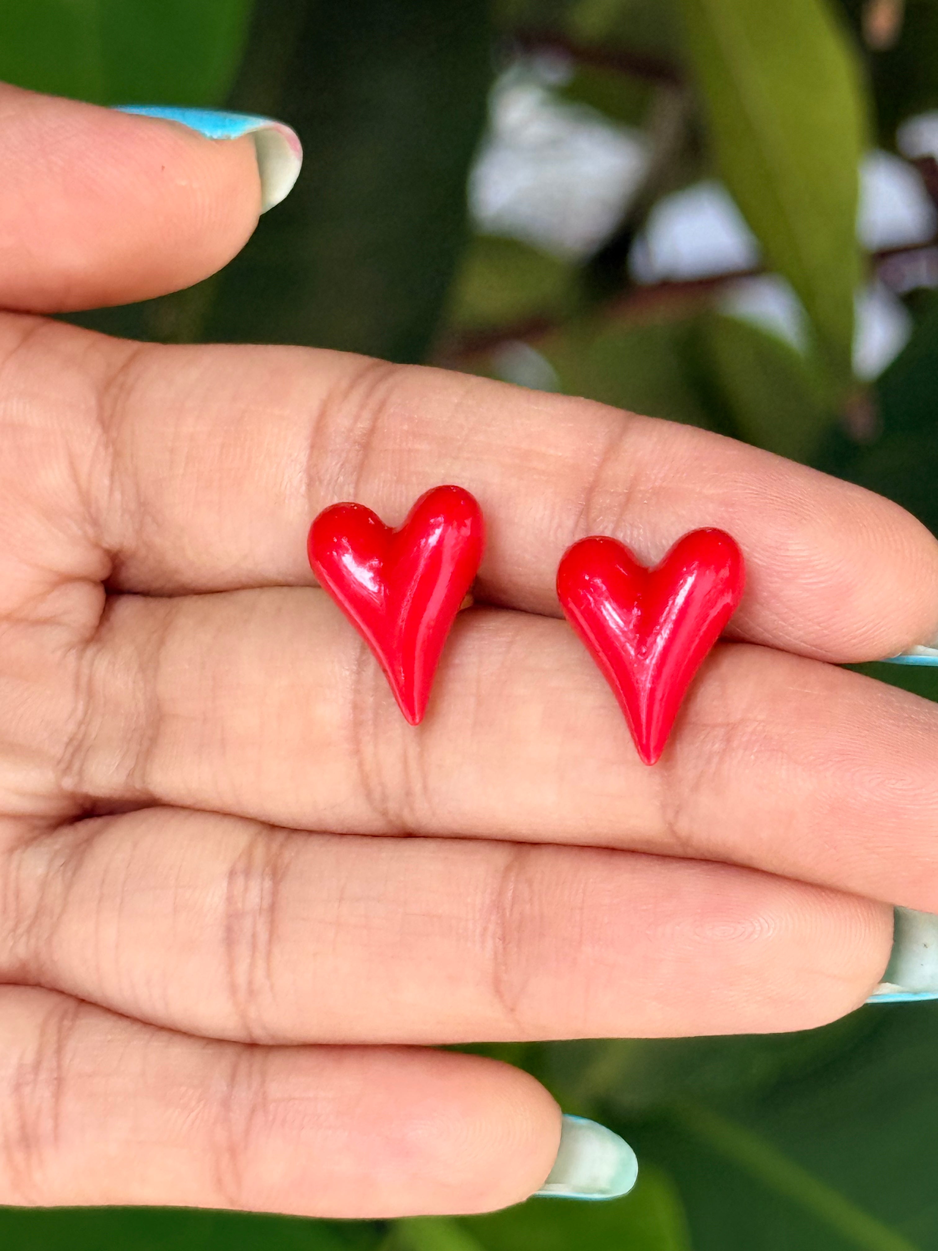 Vibrant Glossy Red Heart Studs