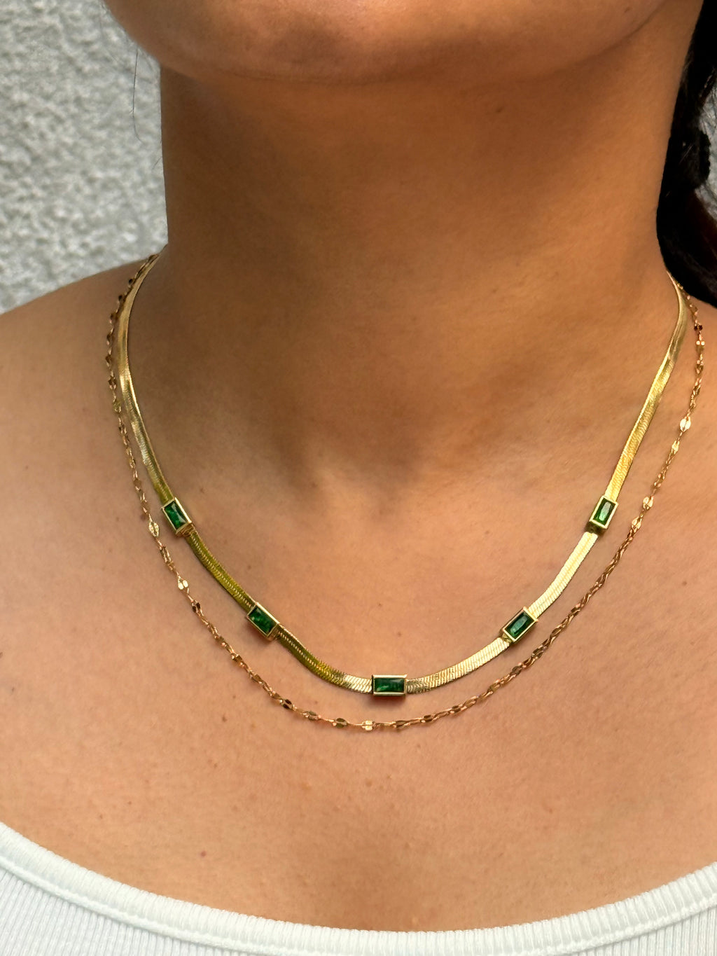Emerald Accented Gold Herringbone Layered Chain