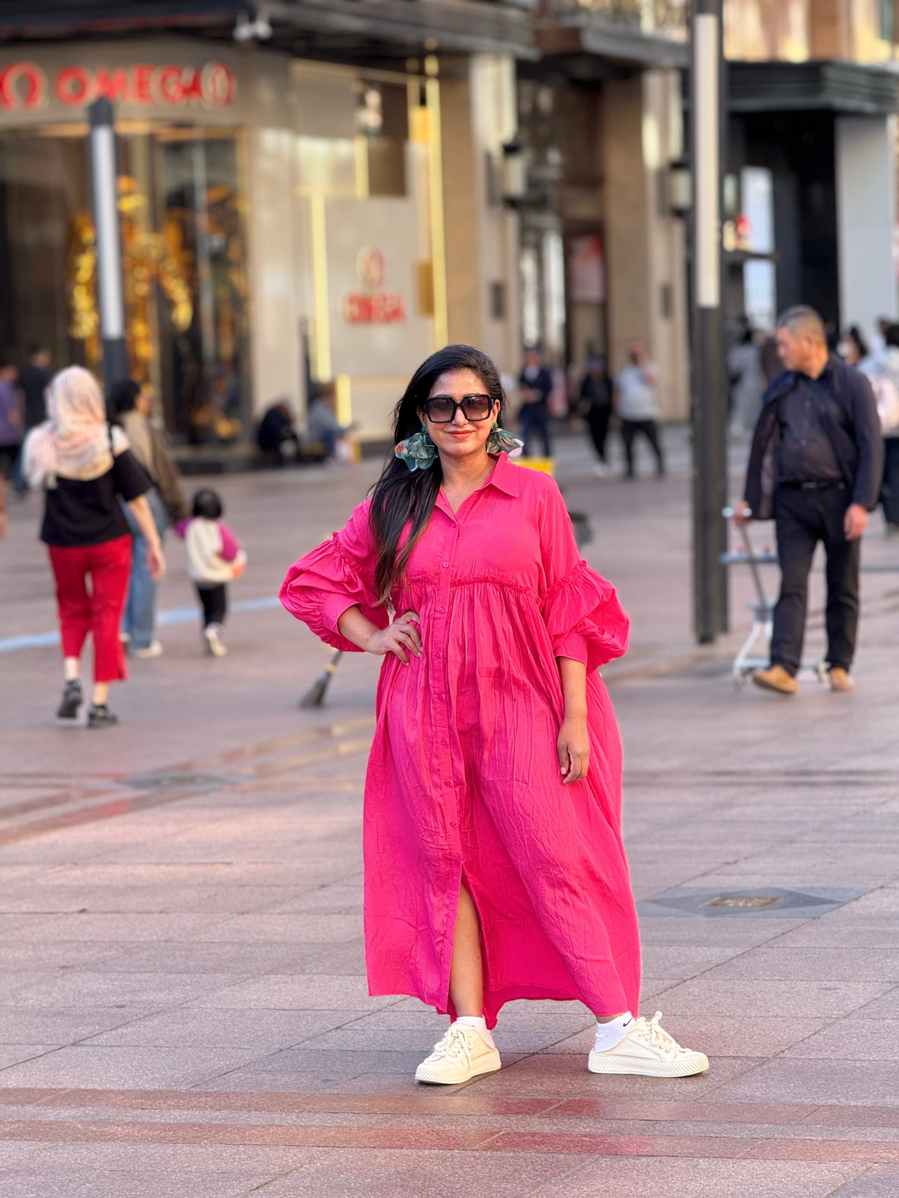 The Fuchsia Lantern-Sleeve Maxi