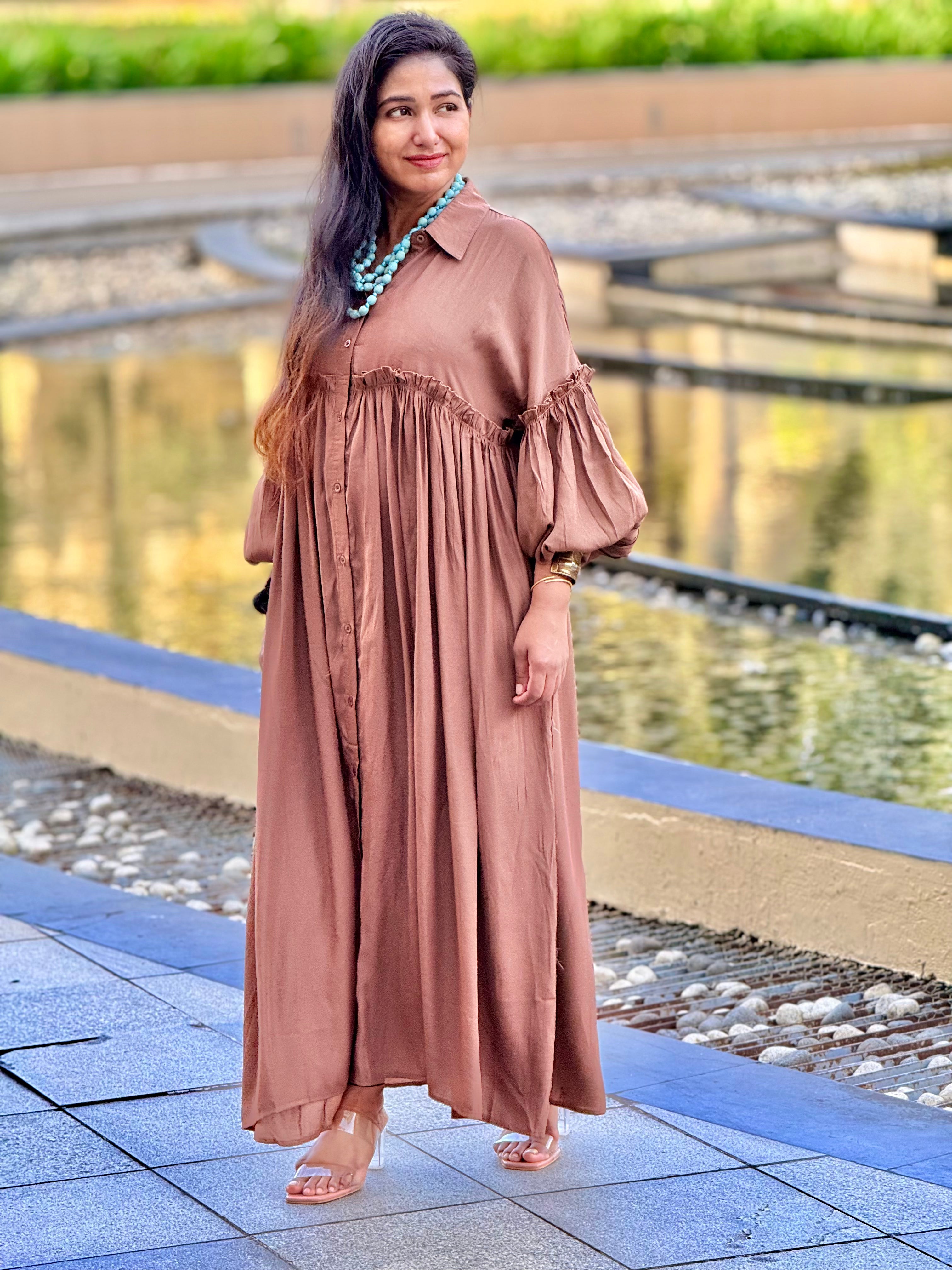 The Terracotta Lantern-Sleeve Maxi