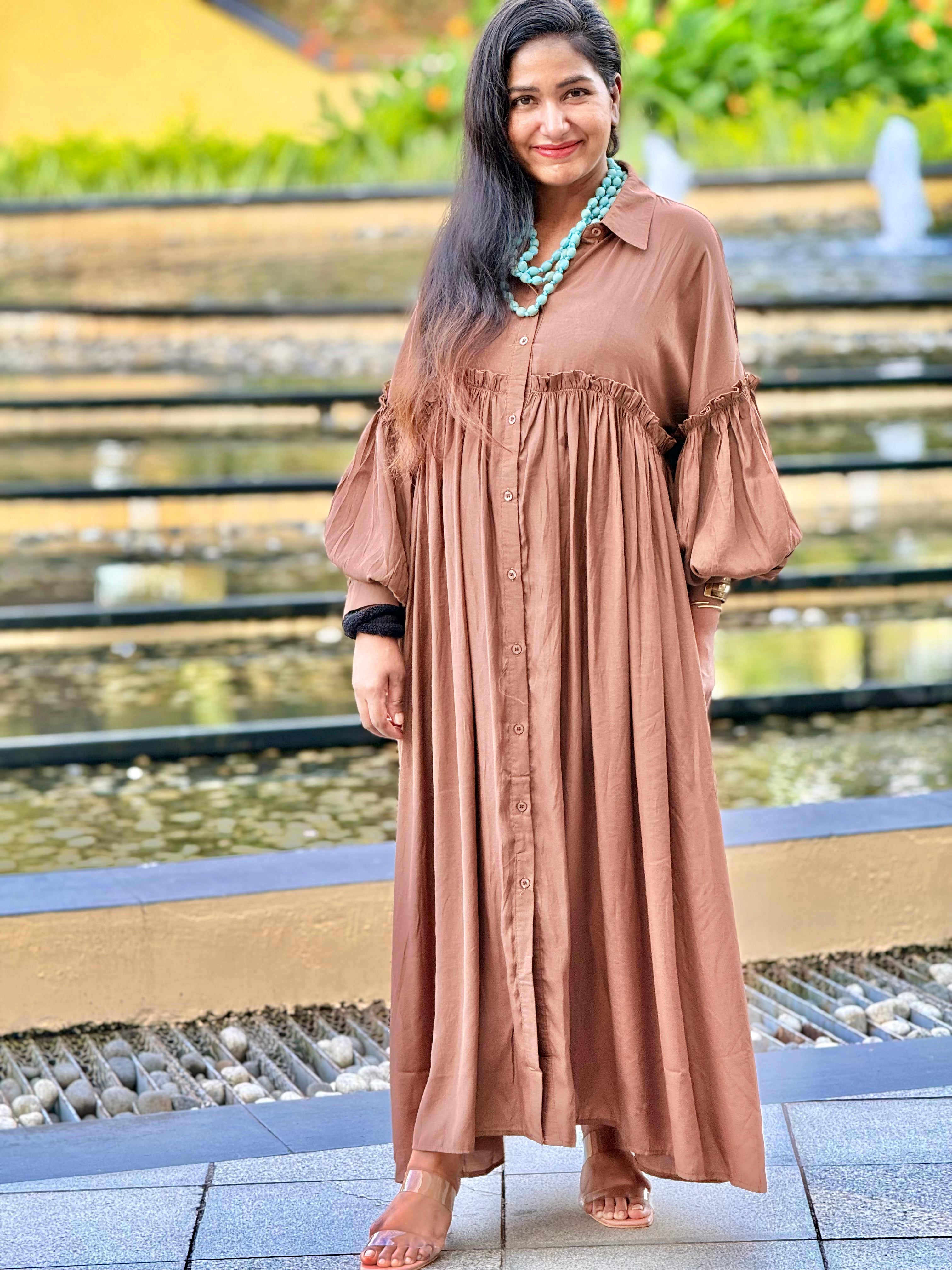 The Terracotta Lantern-Sleeve Maxi