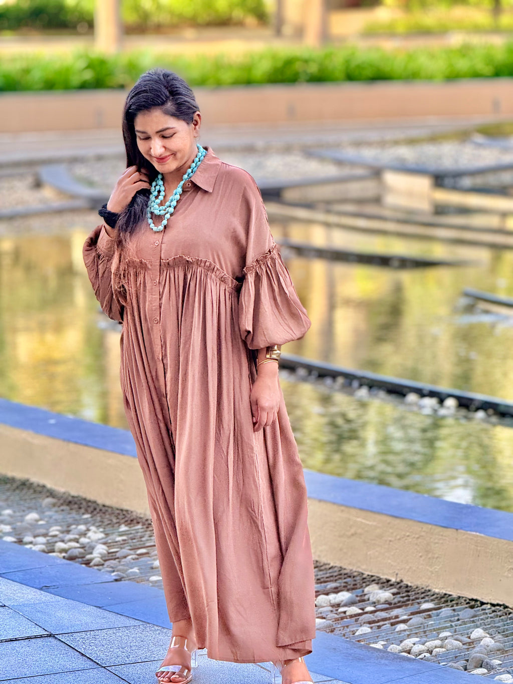The Terracotta Lantern-Sleeve Maxi