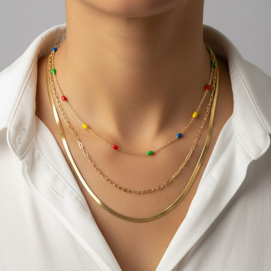 Layered Gold Necklace Set with Enamel Accents